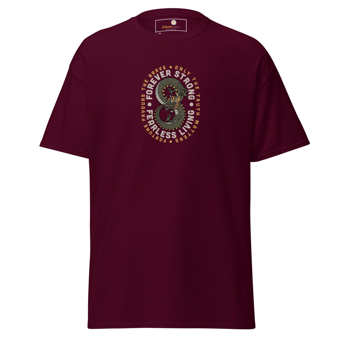 Maroon t-shirt with dragon graphic.