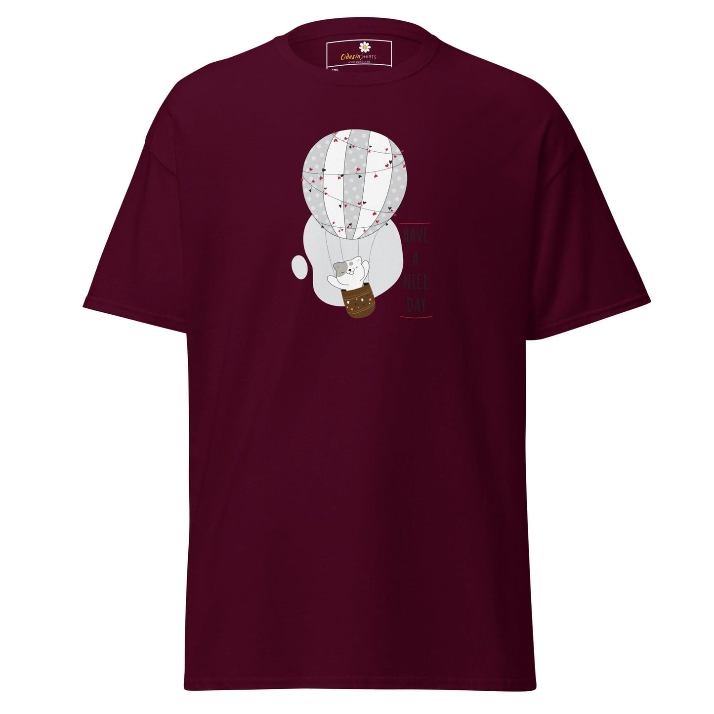 Maroon T-shirt featuring a cartoon balloon graphic for men and women in 2XL to 5XL sizes