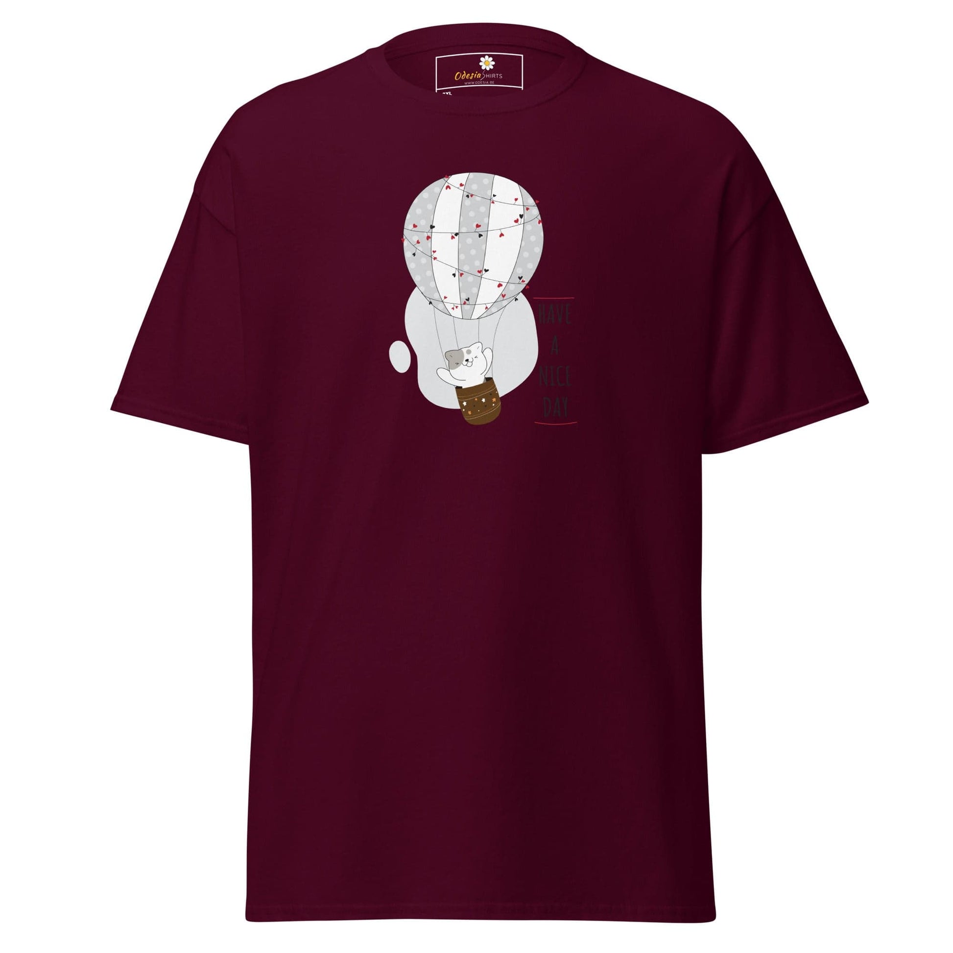 Maroon T-shirt featuring a cartoon balloon graphic for men and women in 2XL to 5XL sizes