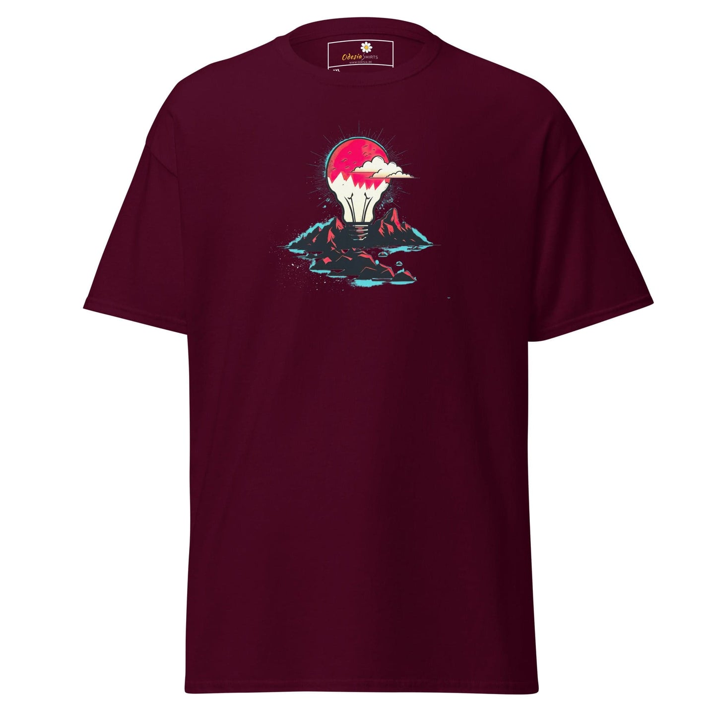 Maroon T-shirt with lightbulb design for men and women in sizes 2XL to 5XL