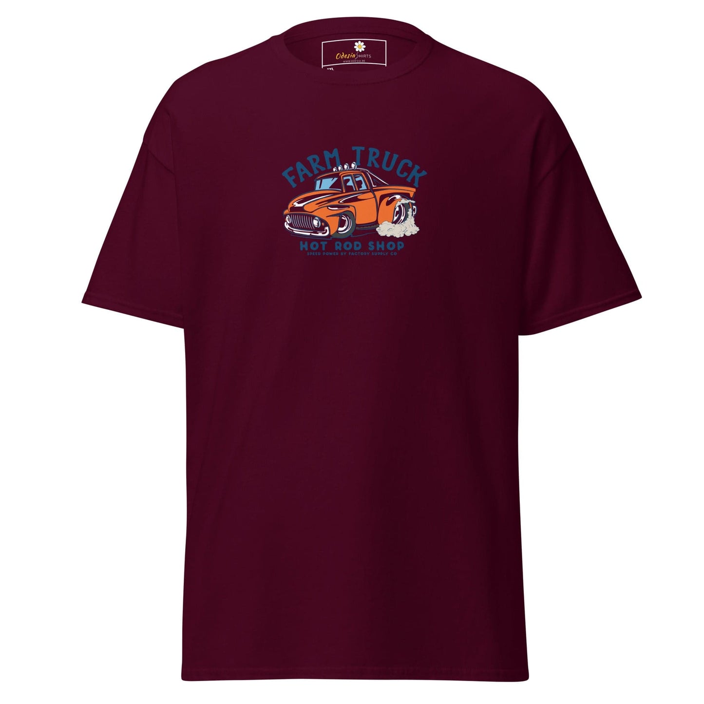 Maroon t-shirt with truck graphic.