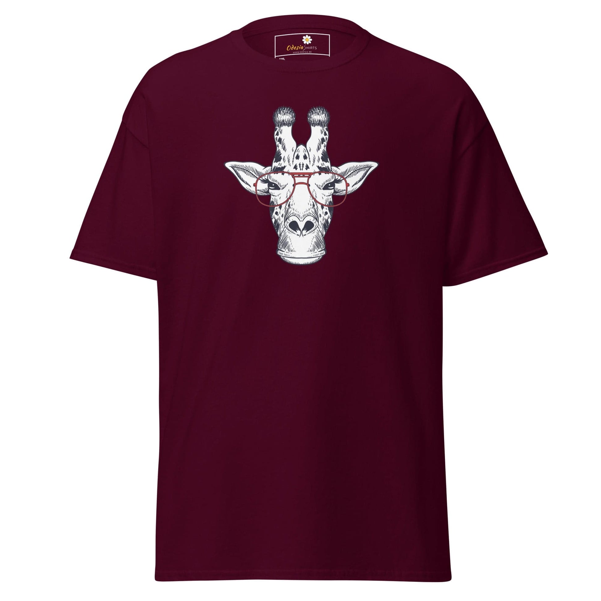 Maroon T-shirt with giraffe graphic from T-SHIRT DESIGN TEE for Men and Women in 2XL to 5XL