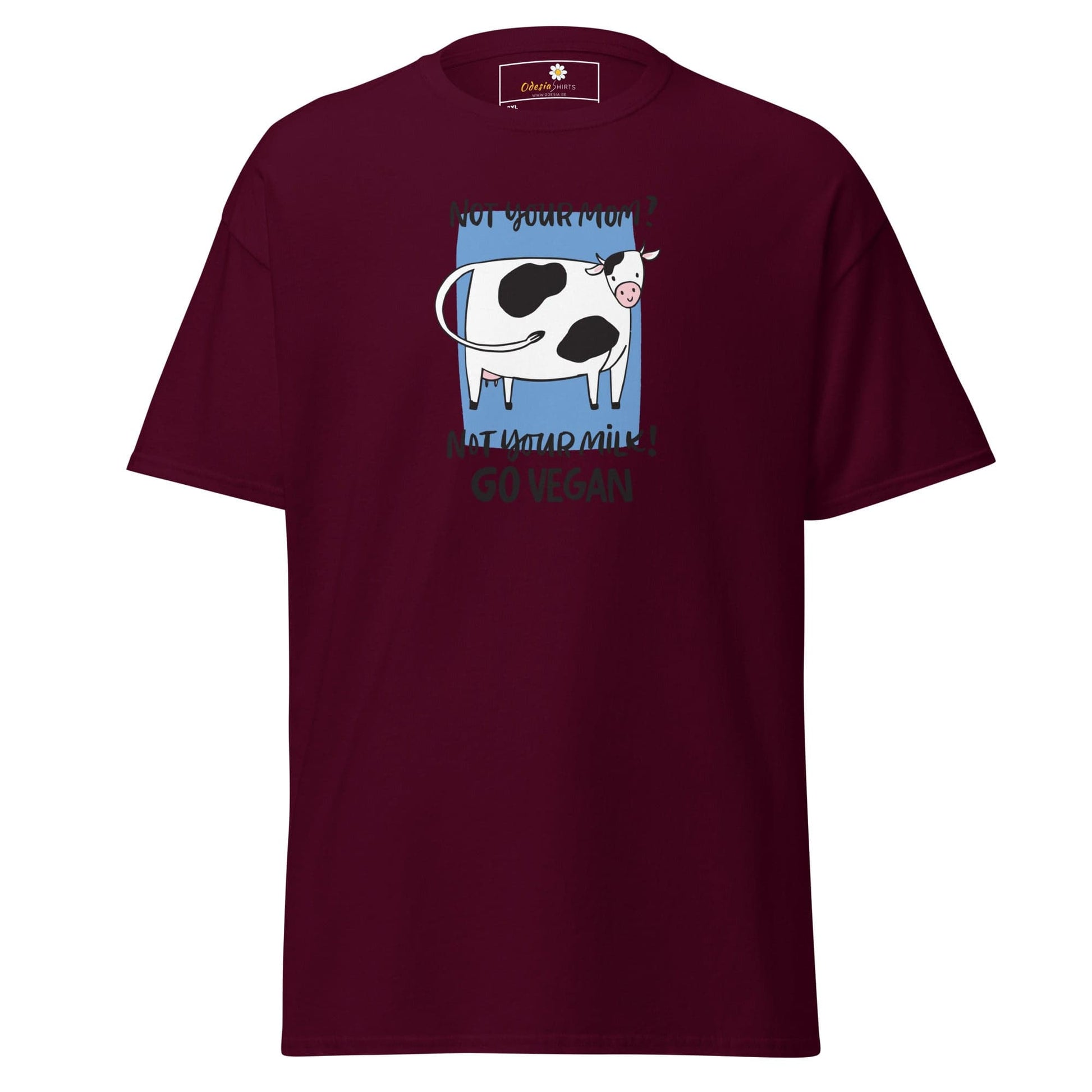 Maroon t-shirt with cow graphic.