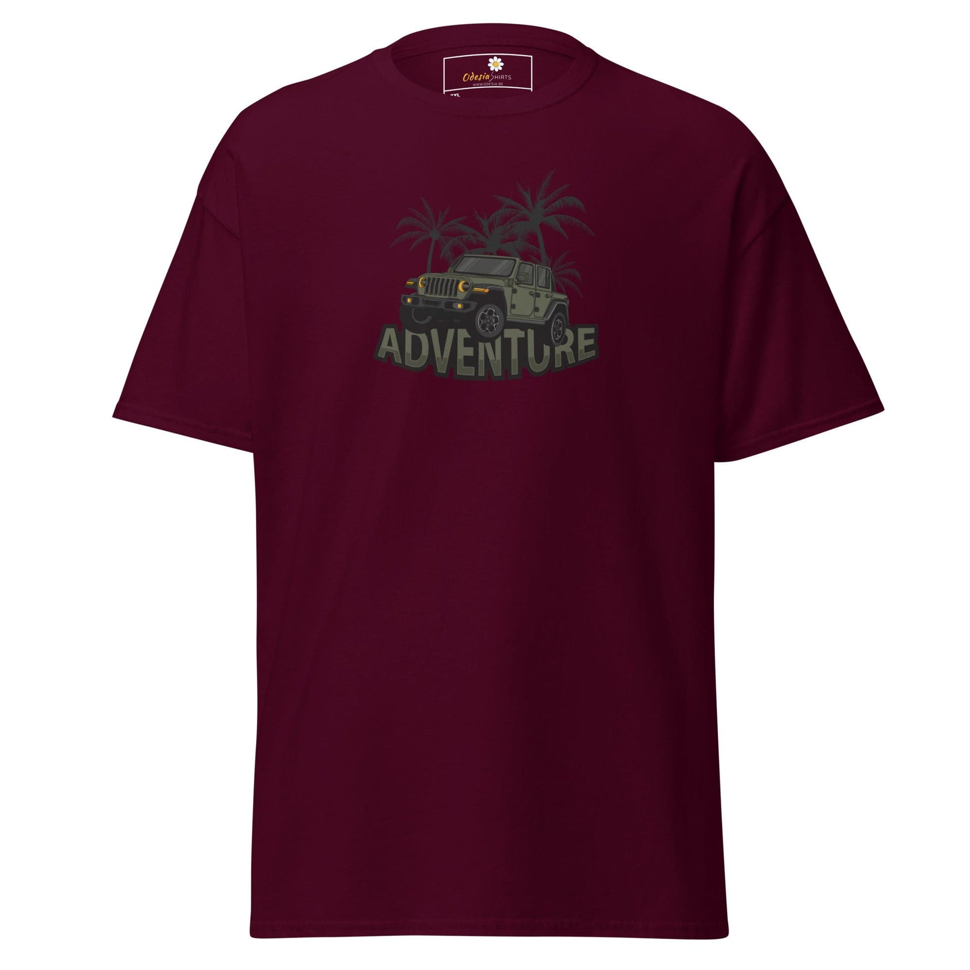 Maroon T-shirt featuring adventure Jeep graphic for men and women in 2XL to 5XL sizes