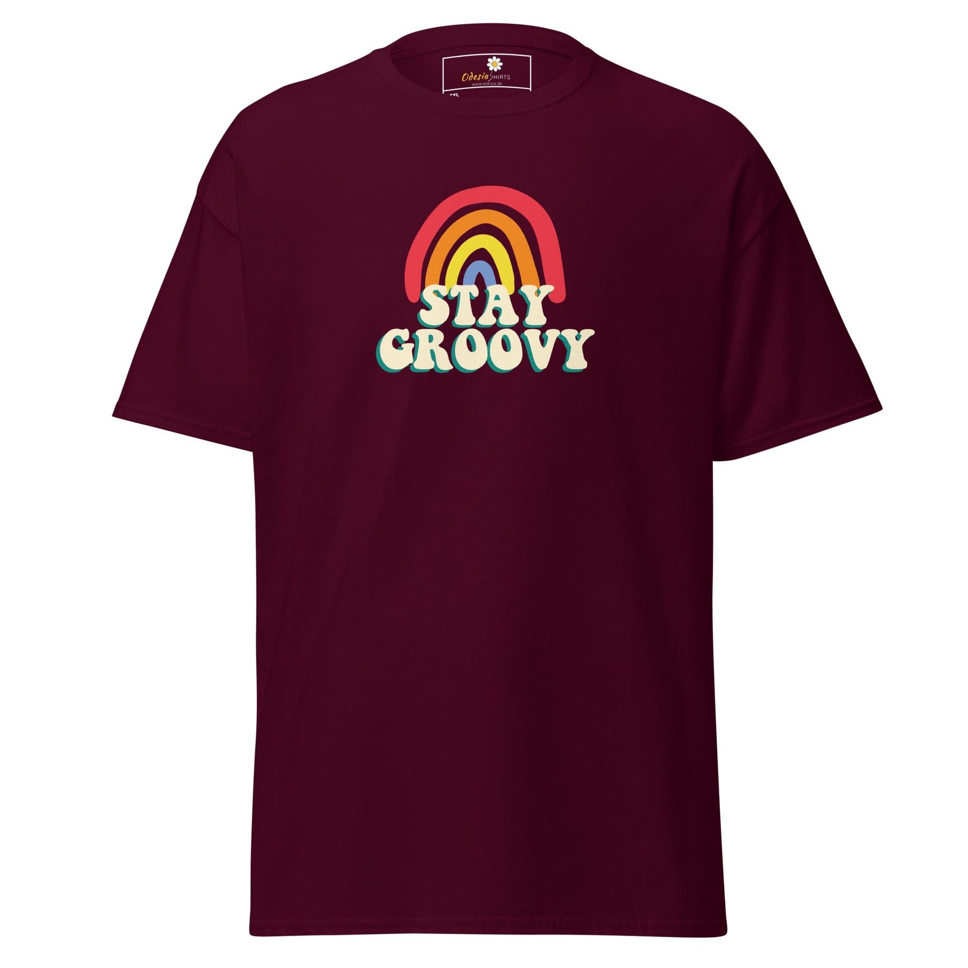 Maroon t-shirt with rainbow and text.