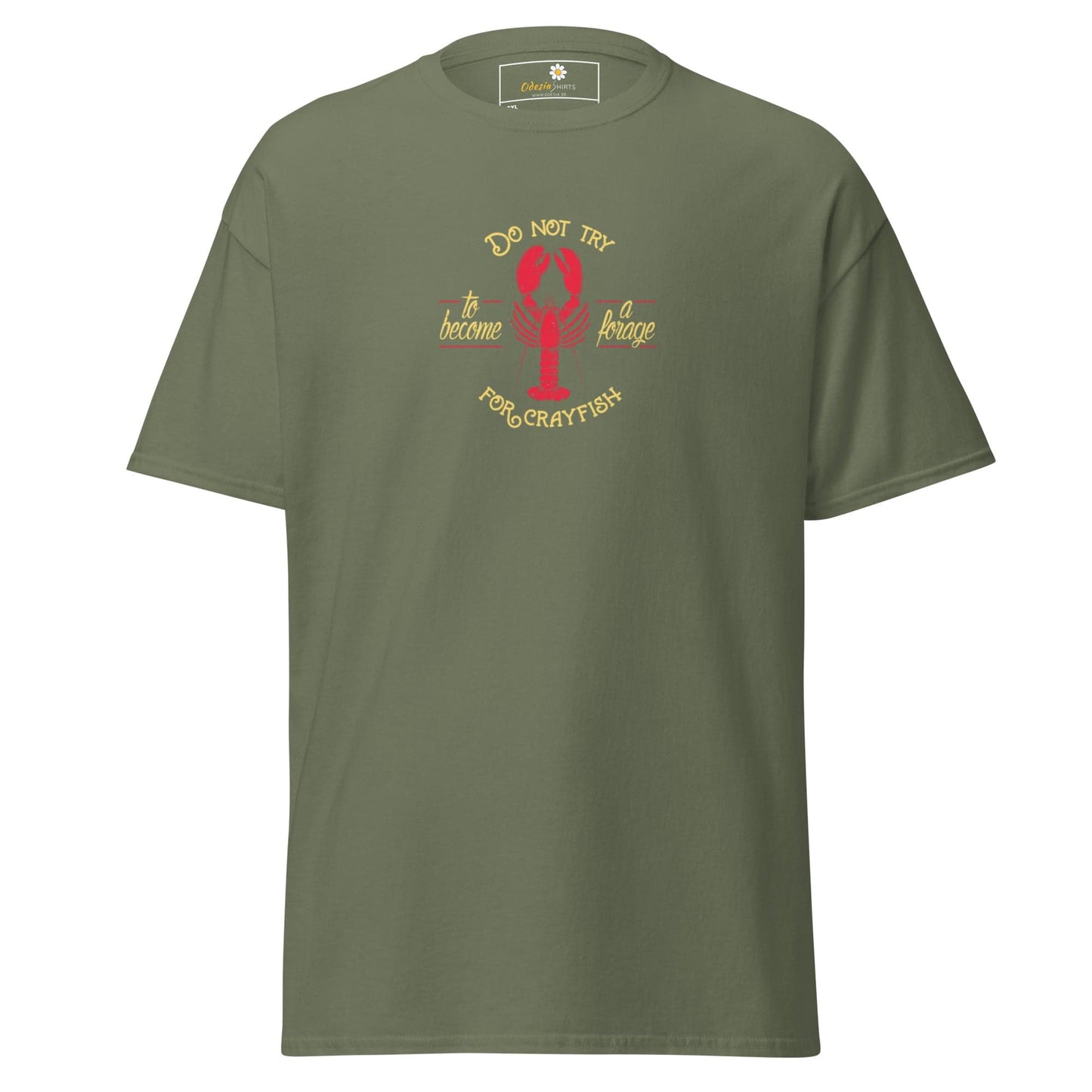 Olive green T-shirt for men and women in sizes 2XL to 5XL displayed in product image