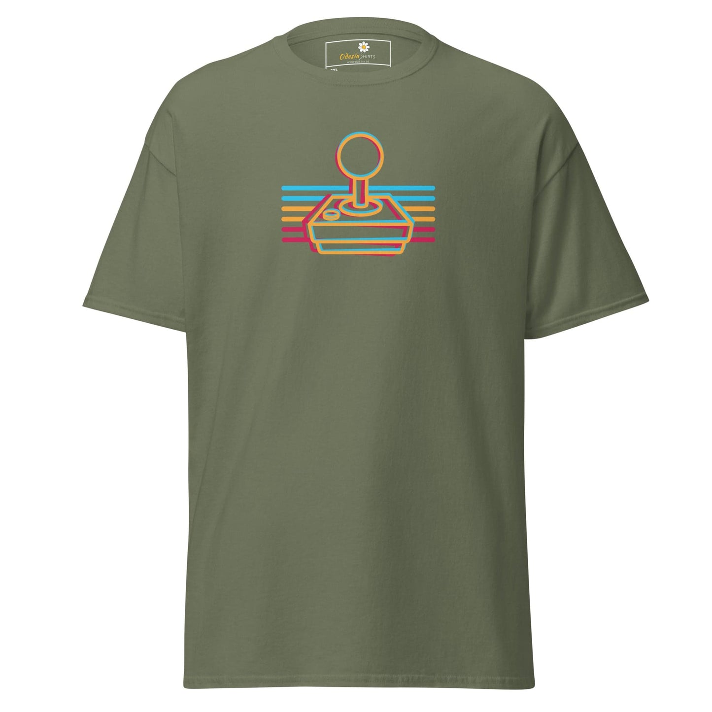 Olive green t-shirt with retro joystick design.
