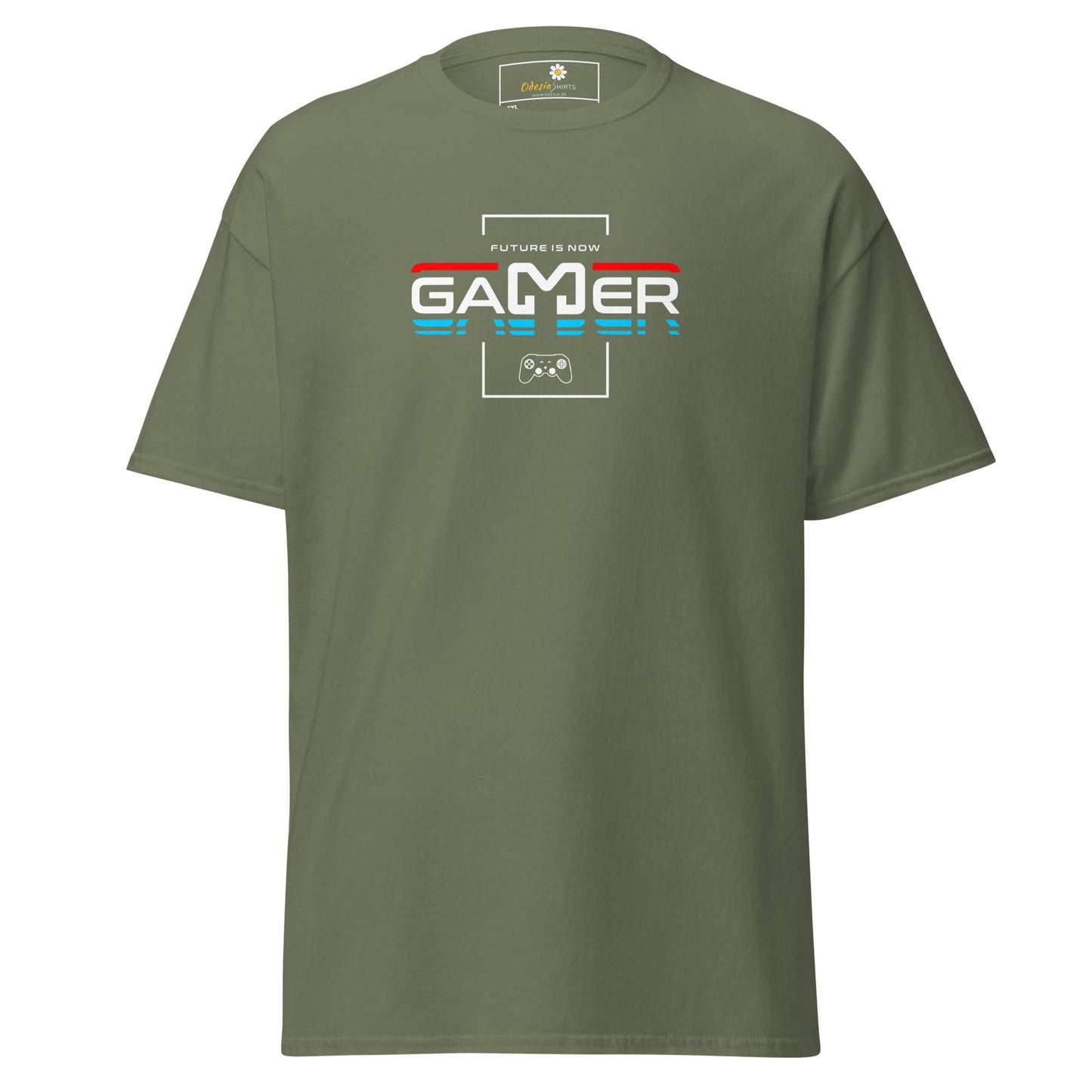 Olive green t-shirt with ’Gamer’ graphic.