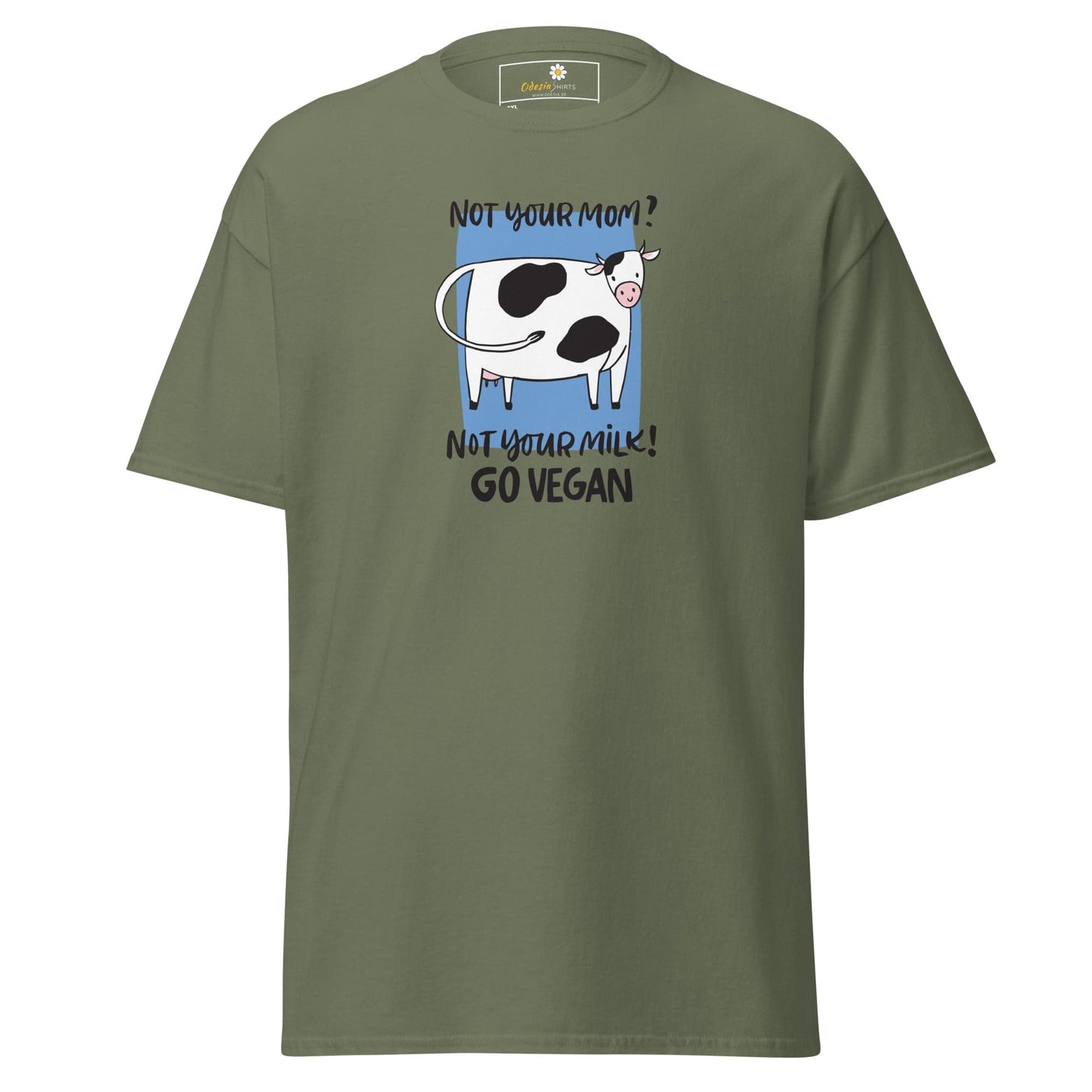 Olive green t-shirt with cow graphic.