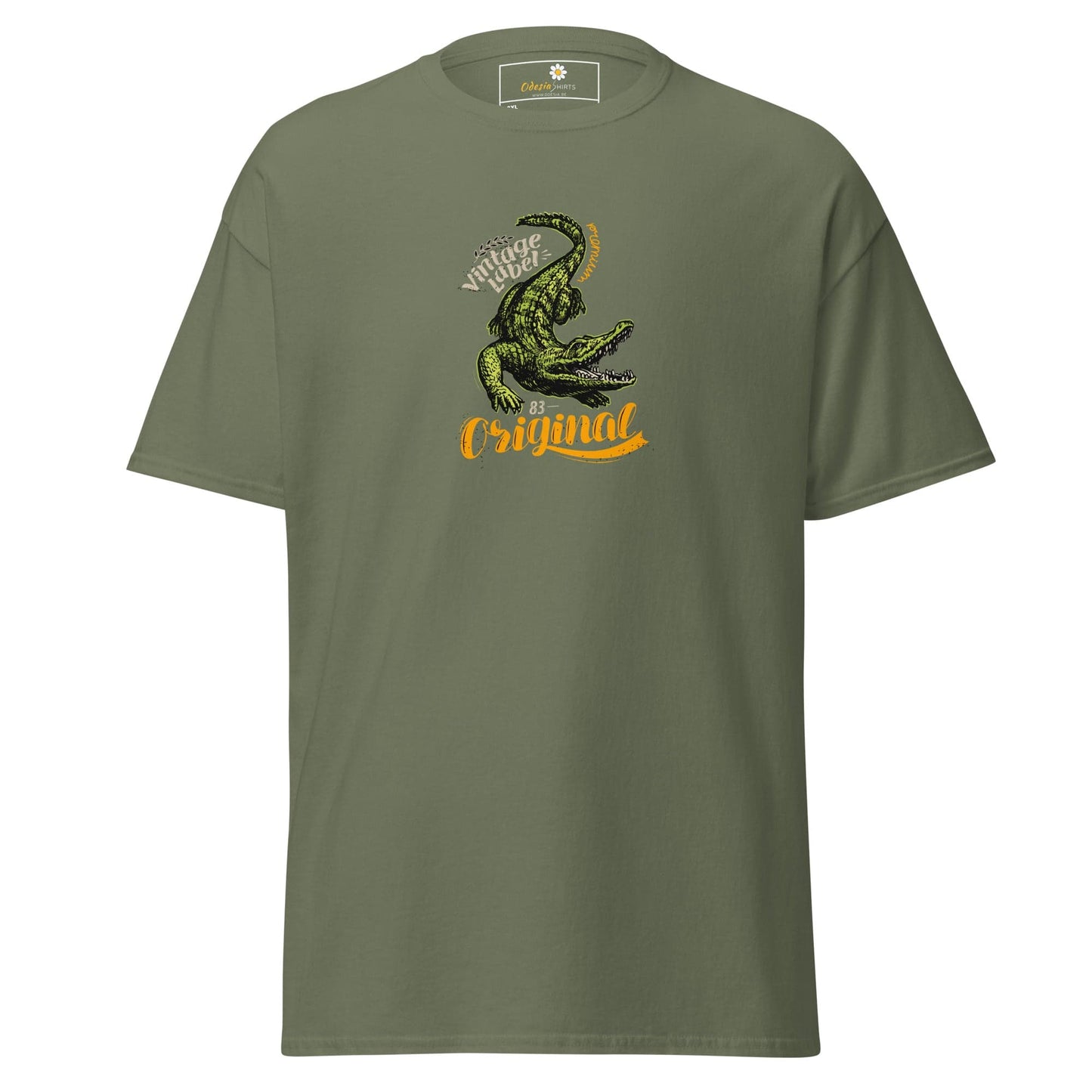 Olive green t-shirt with crocodile graphic.
