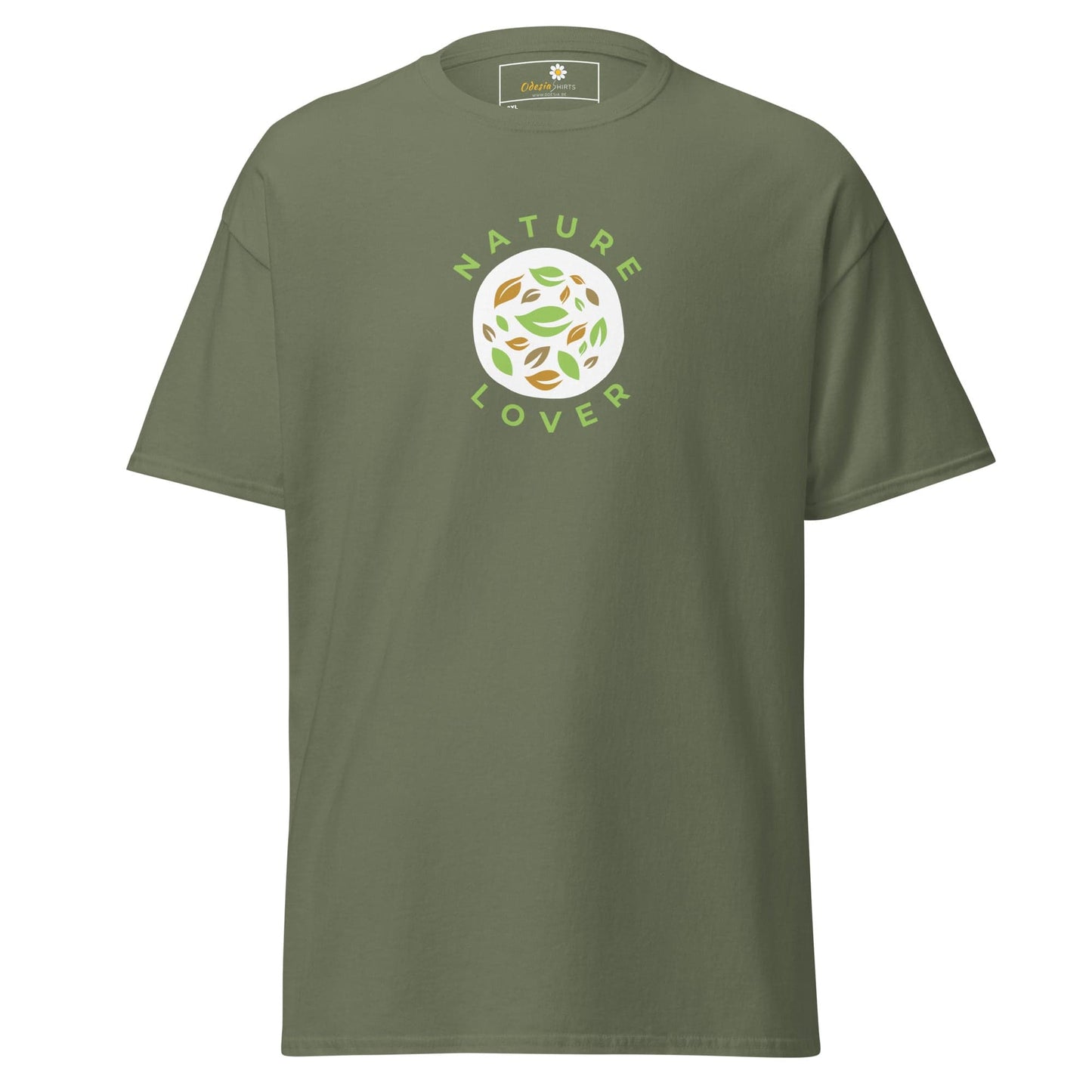 Green t-shirt with nature-themed graphic.