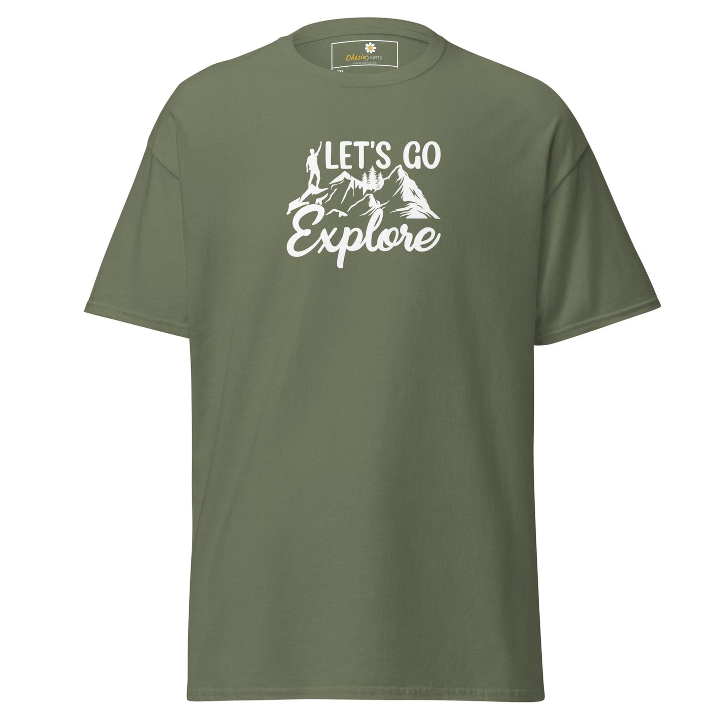 Olive green t-shirt with Lets Go Explore graphic for men and women in 2XL to 5XL sizes