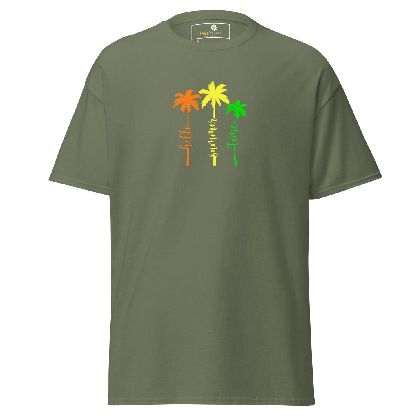 Olive green t-shirt with colorful palm tree design.