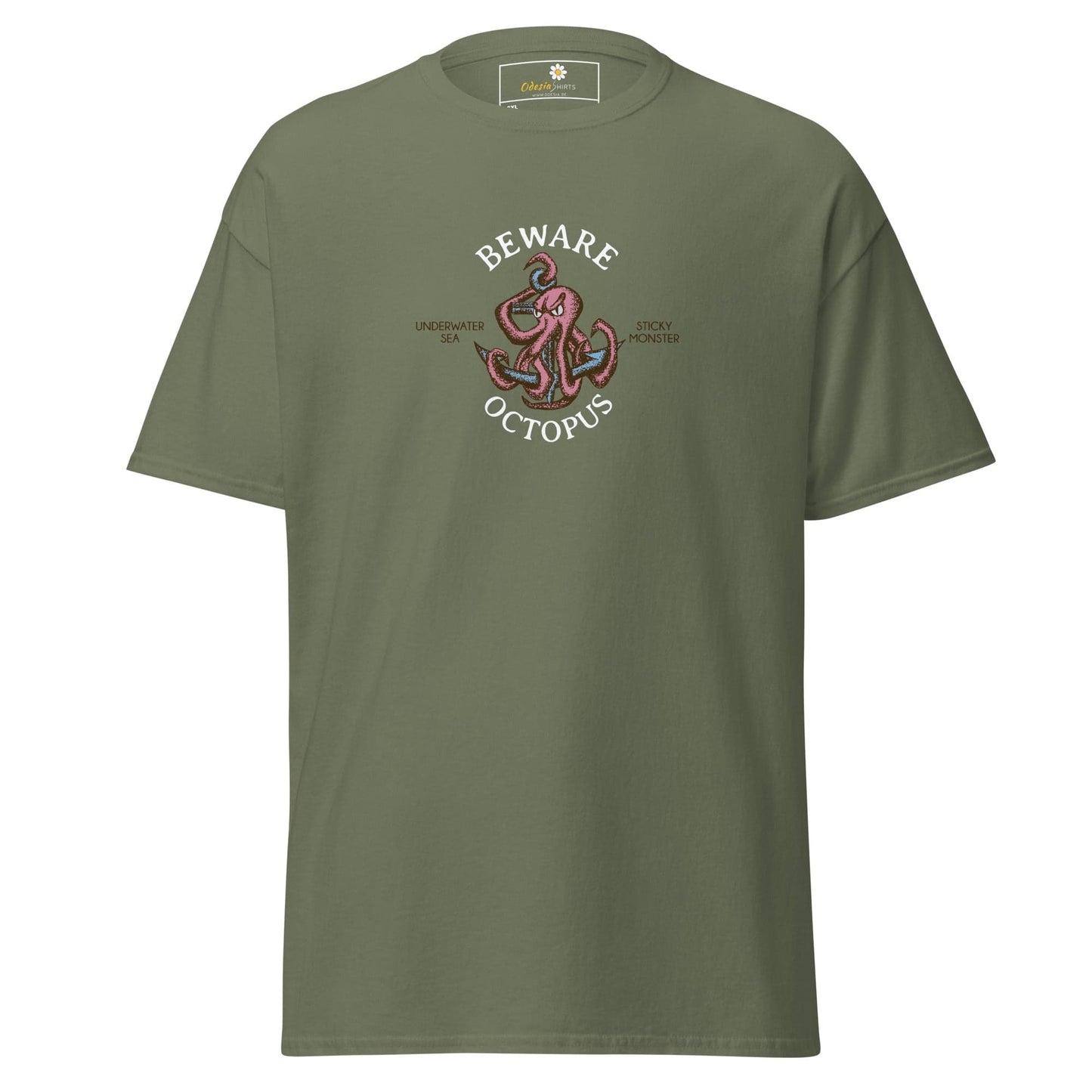 Olive green T-shirt with octopus graphic for men and women in sizes 2XL to 5XL