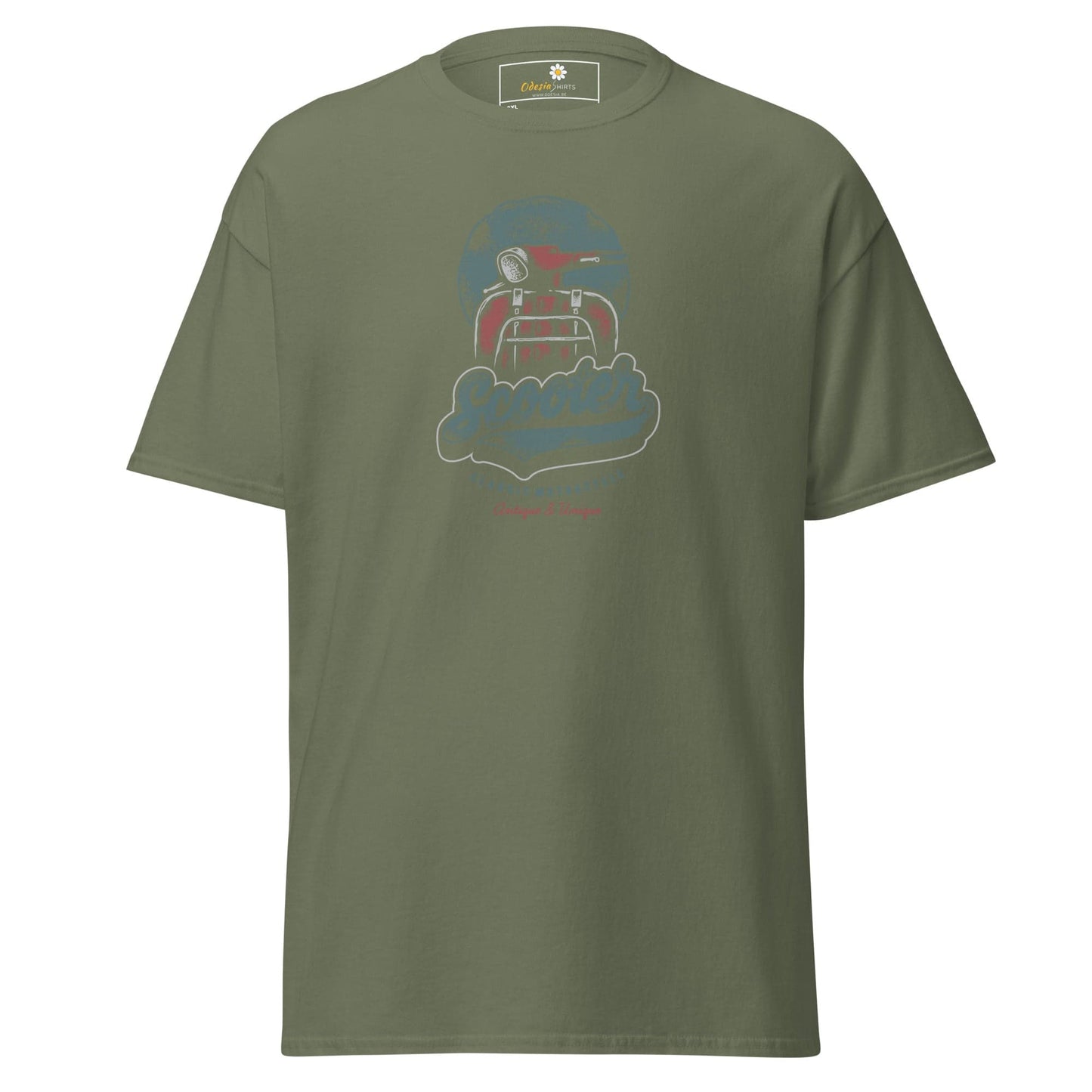 Olive green t-shirt with graphic.
