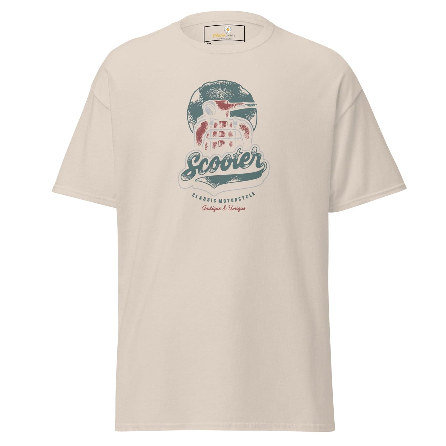 Beige t-shirt with scooter graphic.