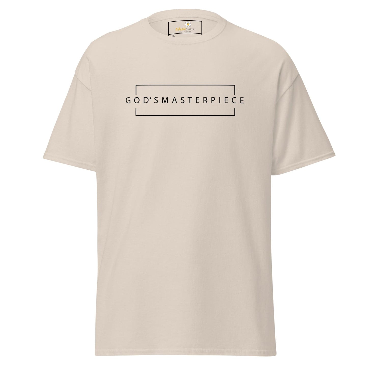 Beige t-shirt with a rectangular design.