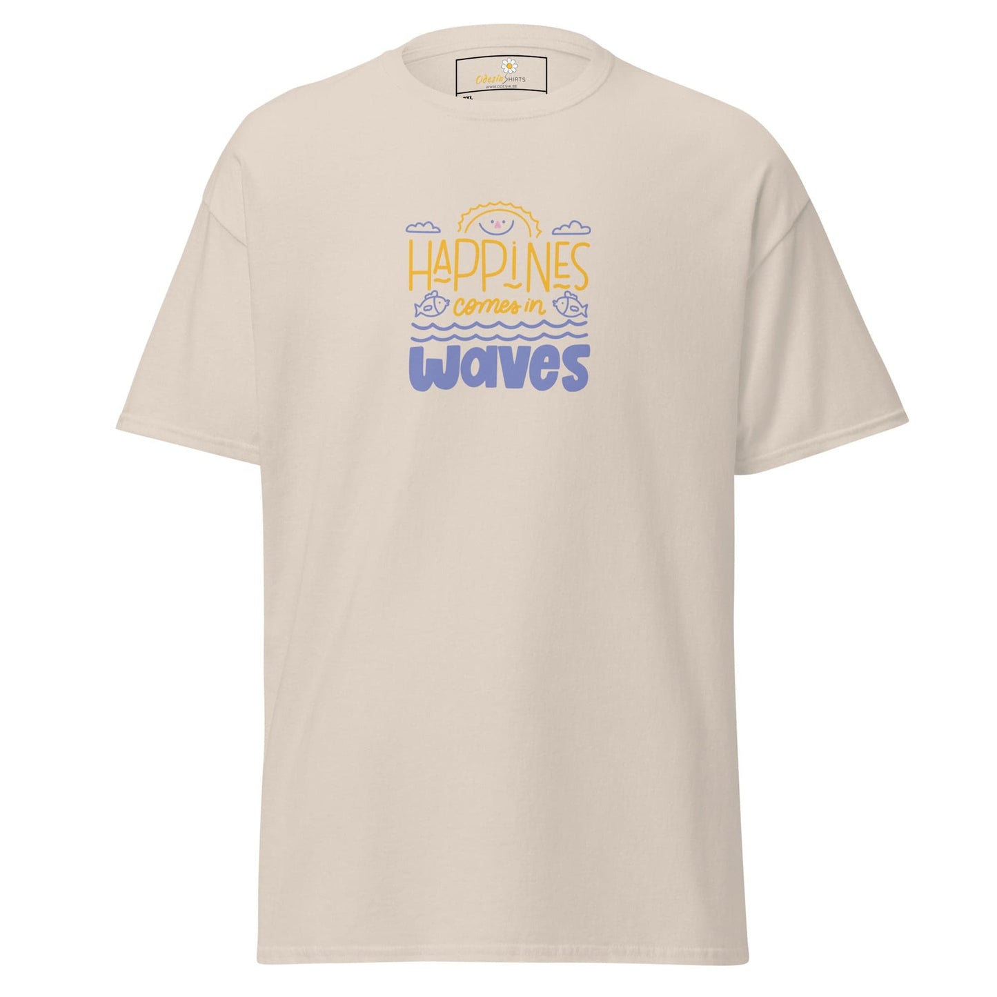 Beige T-shirt displaying Happiness comes in waves design for Men and Women in sizes 2XL to 5XL
