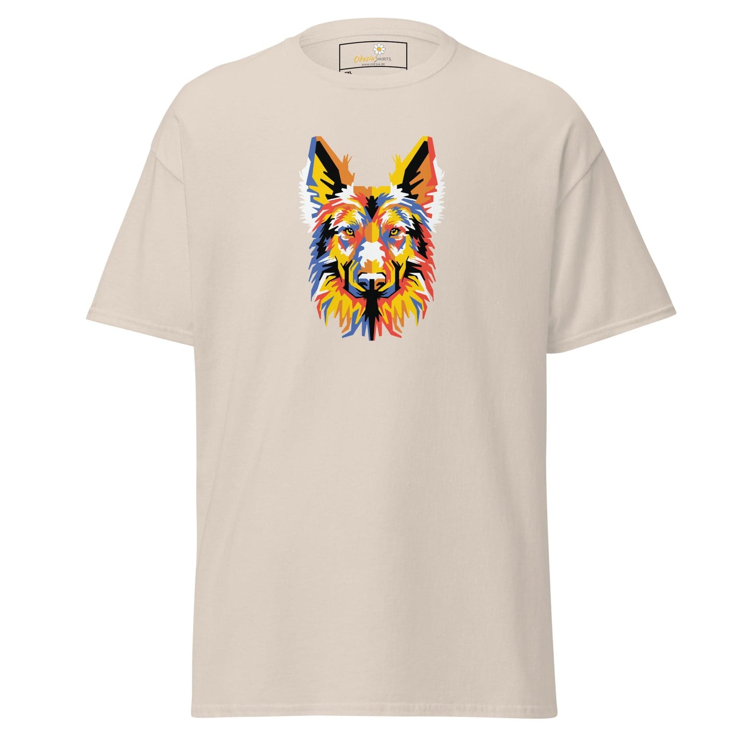 Beige T-shirt with colorful dog graphic for Men and Women in 2XL to 5XL sizes