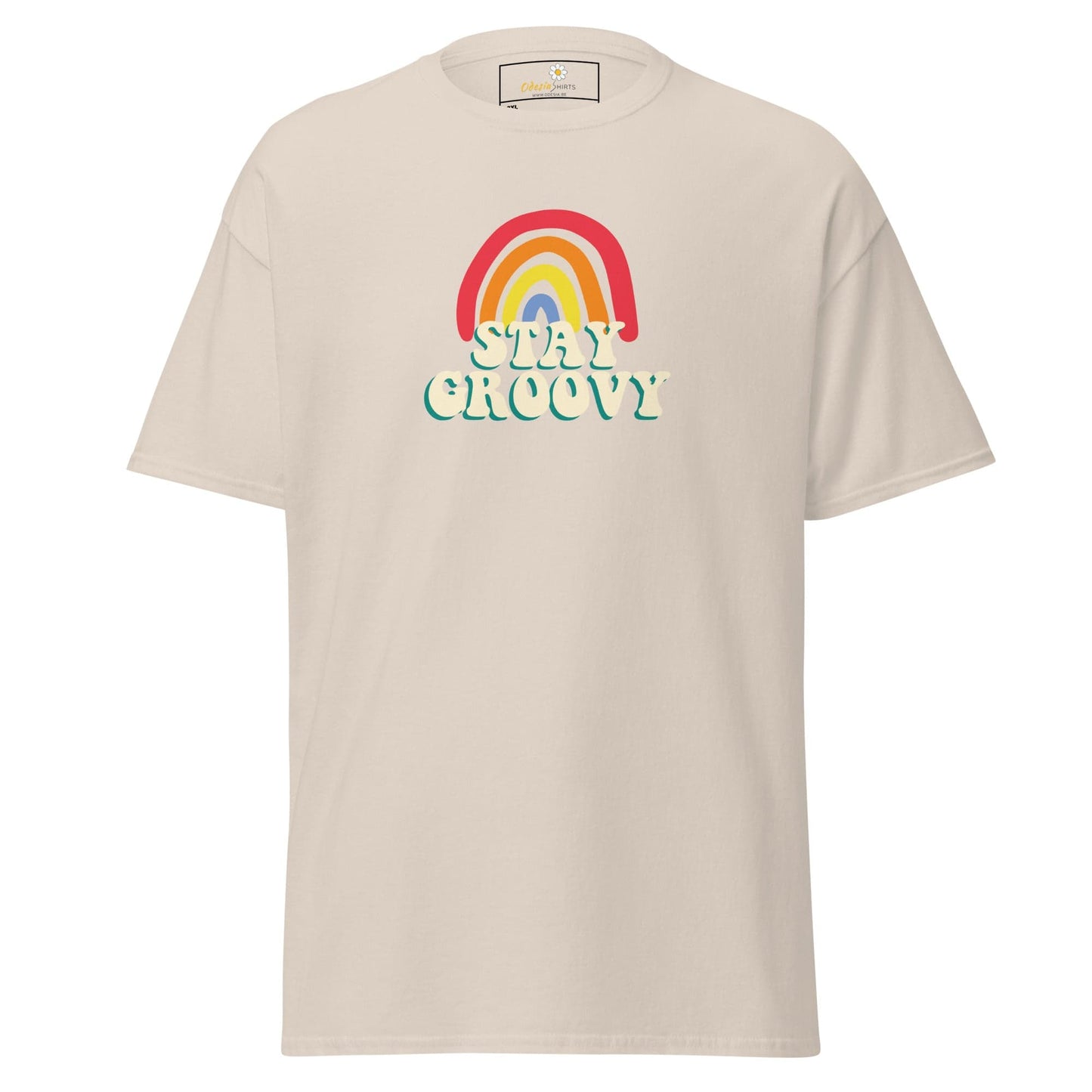 Beige t-shirt with rainbow graphic.