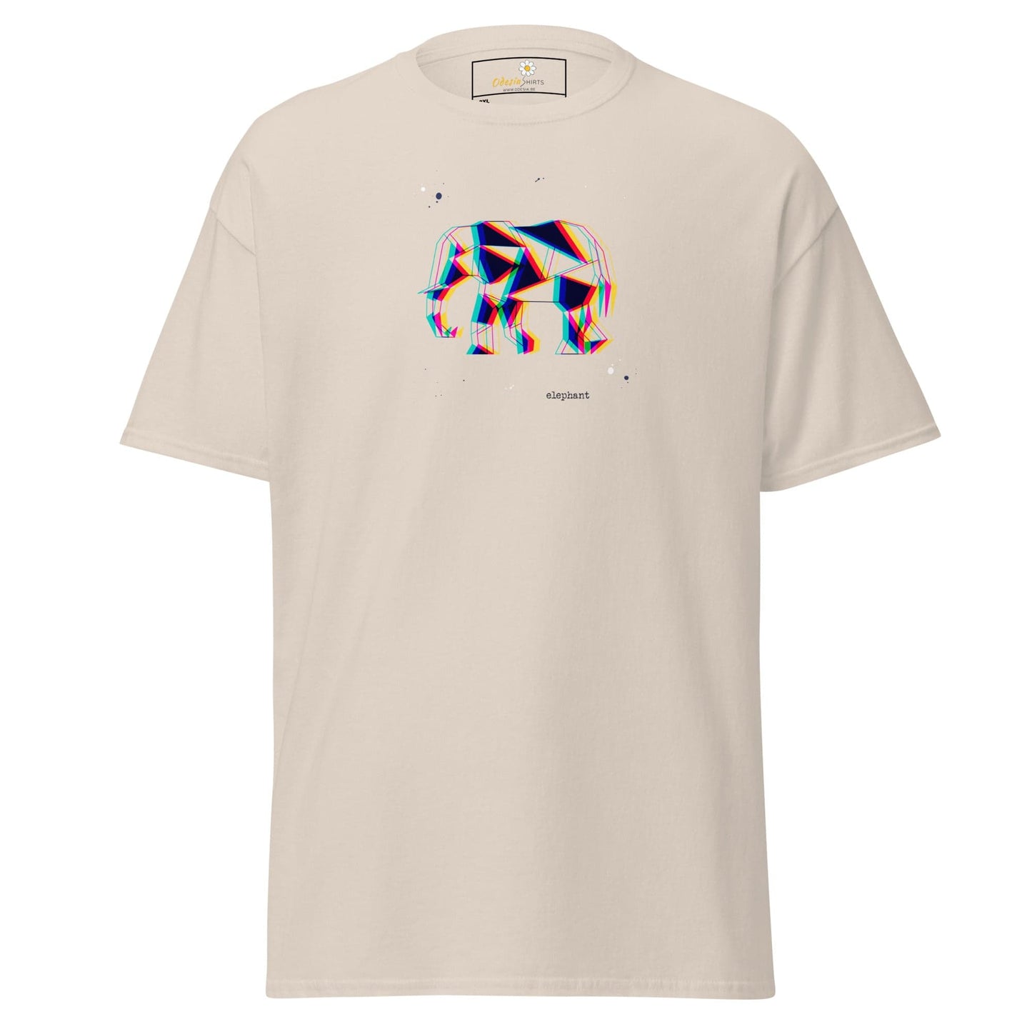 Beige t-shirt with geometric elephant design.