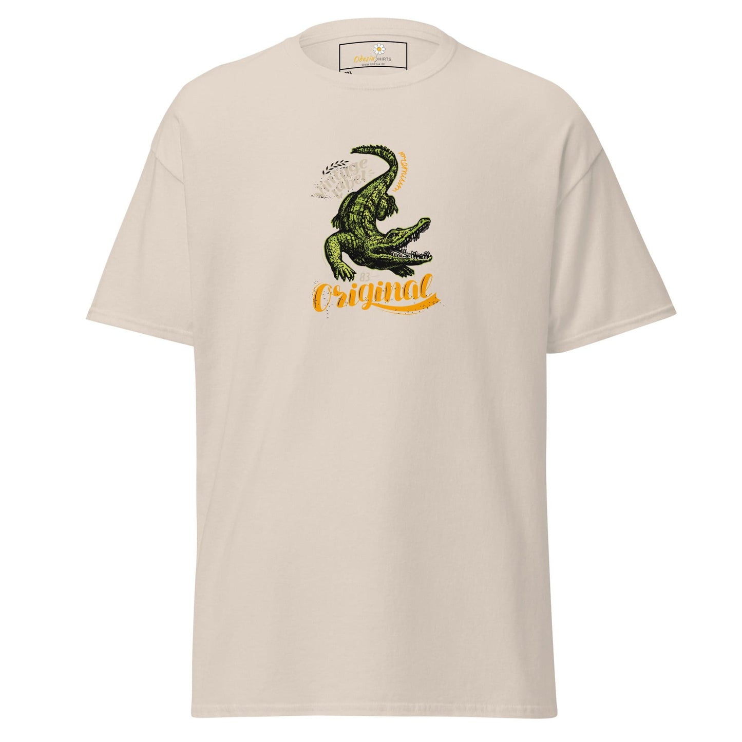Beige t-shirt with alligator graphic.