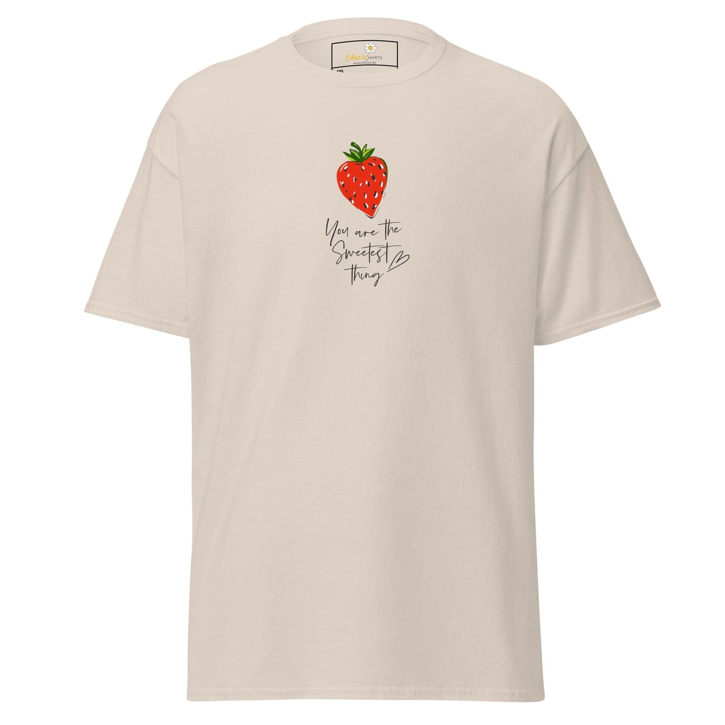 Beige t-shirt with strawberry graphic.