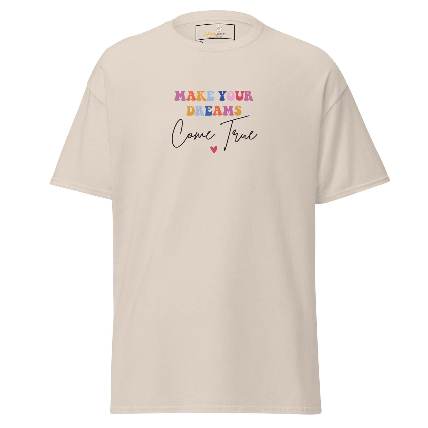 Beige t-shirt with colorful text.