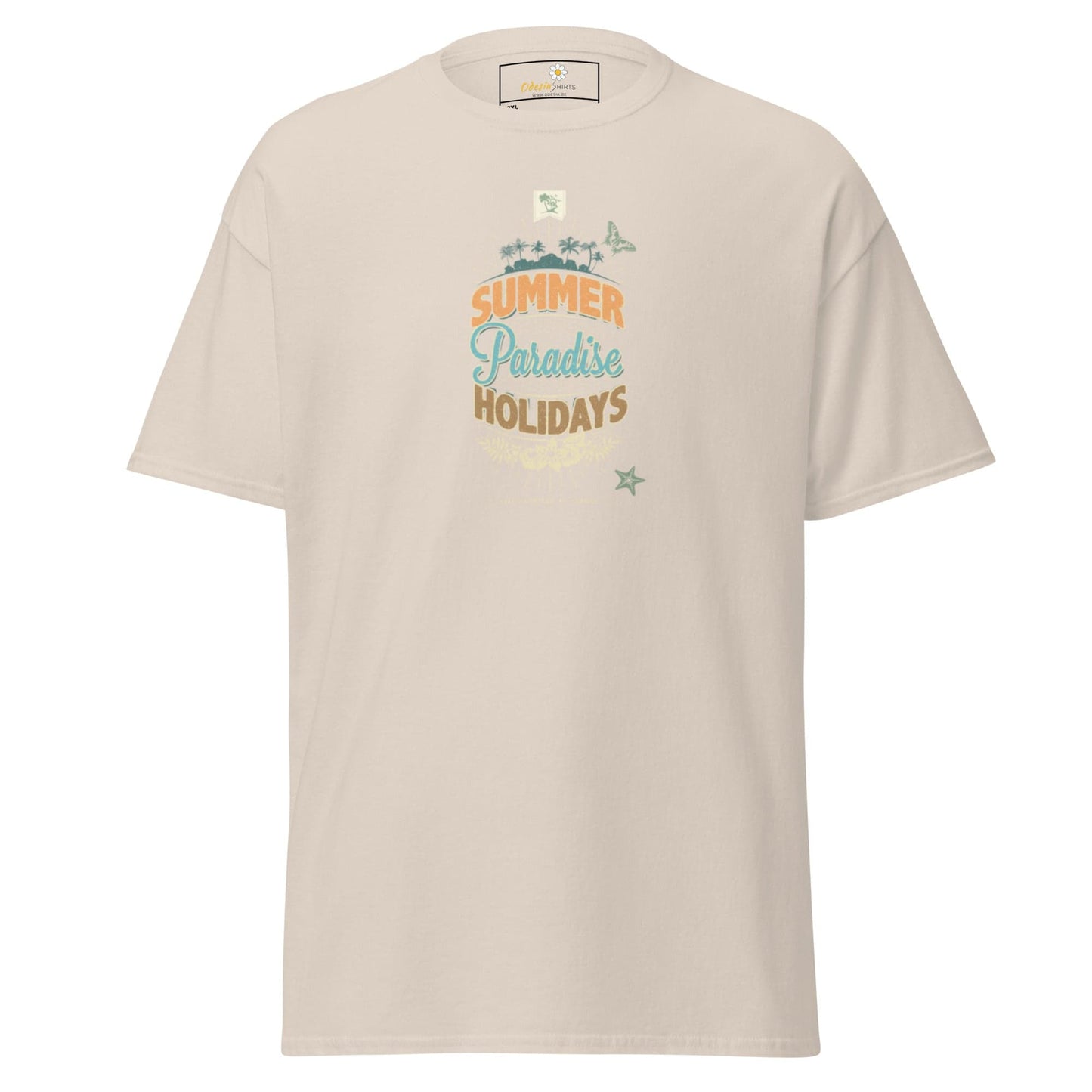 Beige t-shirt with summer-themed graphic.