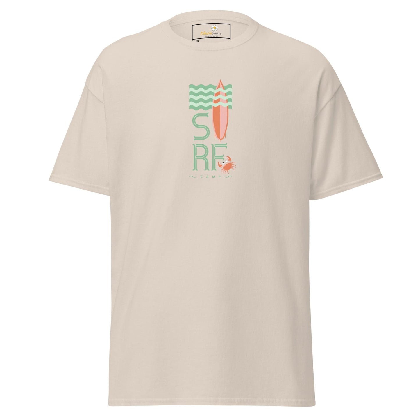 Beige t-shirt with surf design.