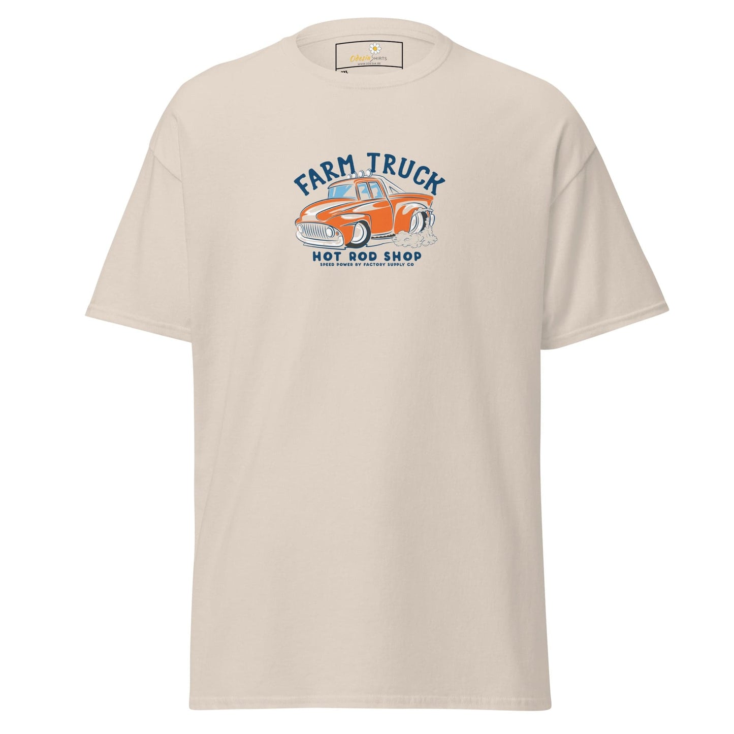 Beige t-shirt with a truck graphic.