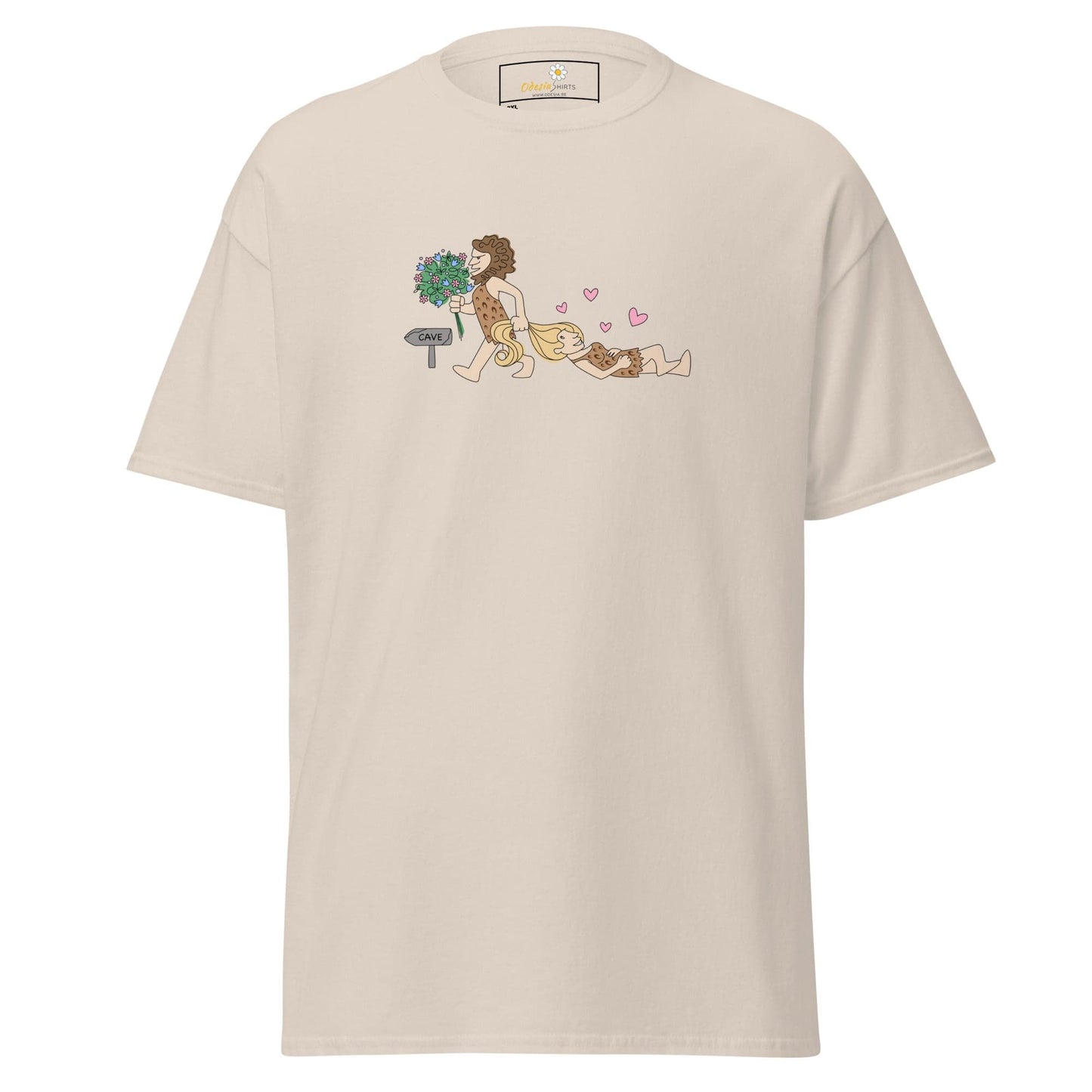 Beige T-shirt with caveman graphic for men and women in 2XL to 5XL sizes