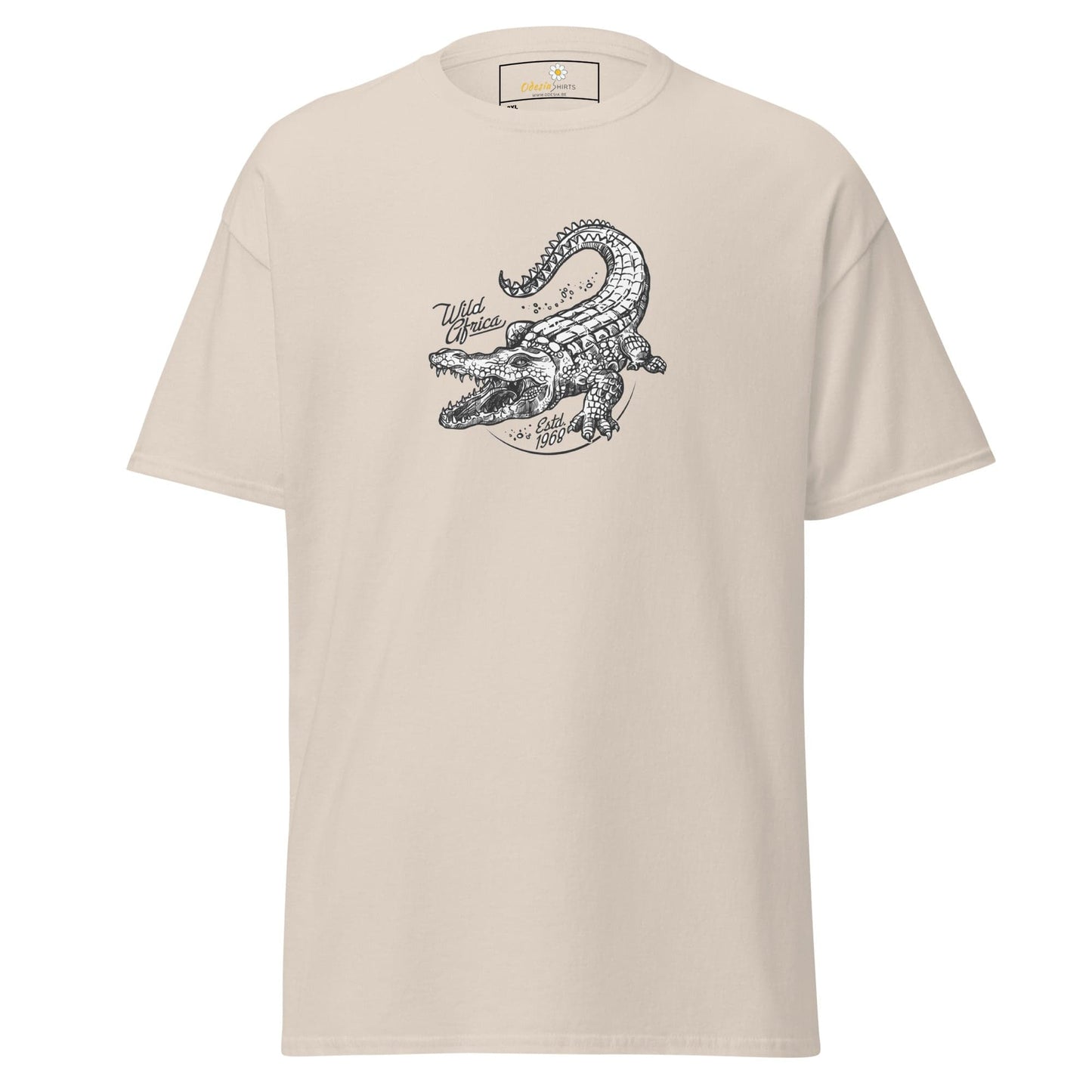 Beige t-shirt with crocodile graphic.