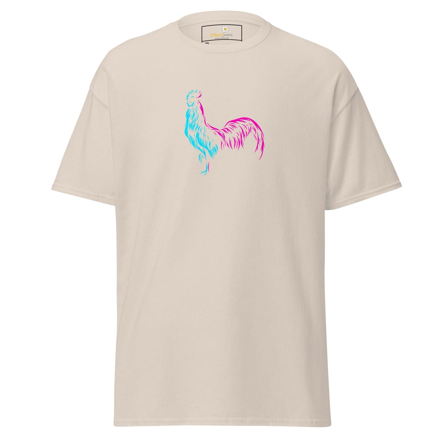 Beige T-shirt with colorful rooster design for Men and Women, available in 2XL to 5XL