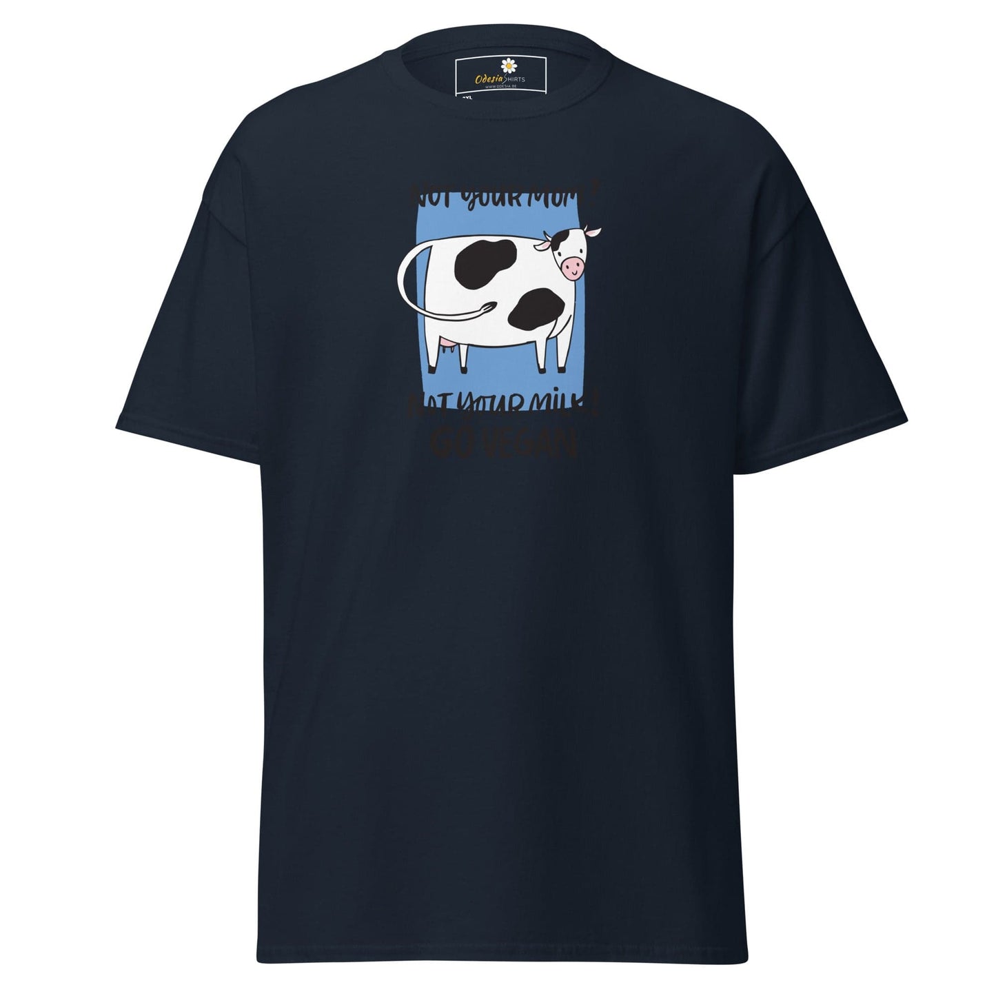 Navy t-shirt with cow graphic.