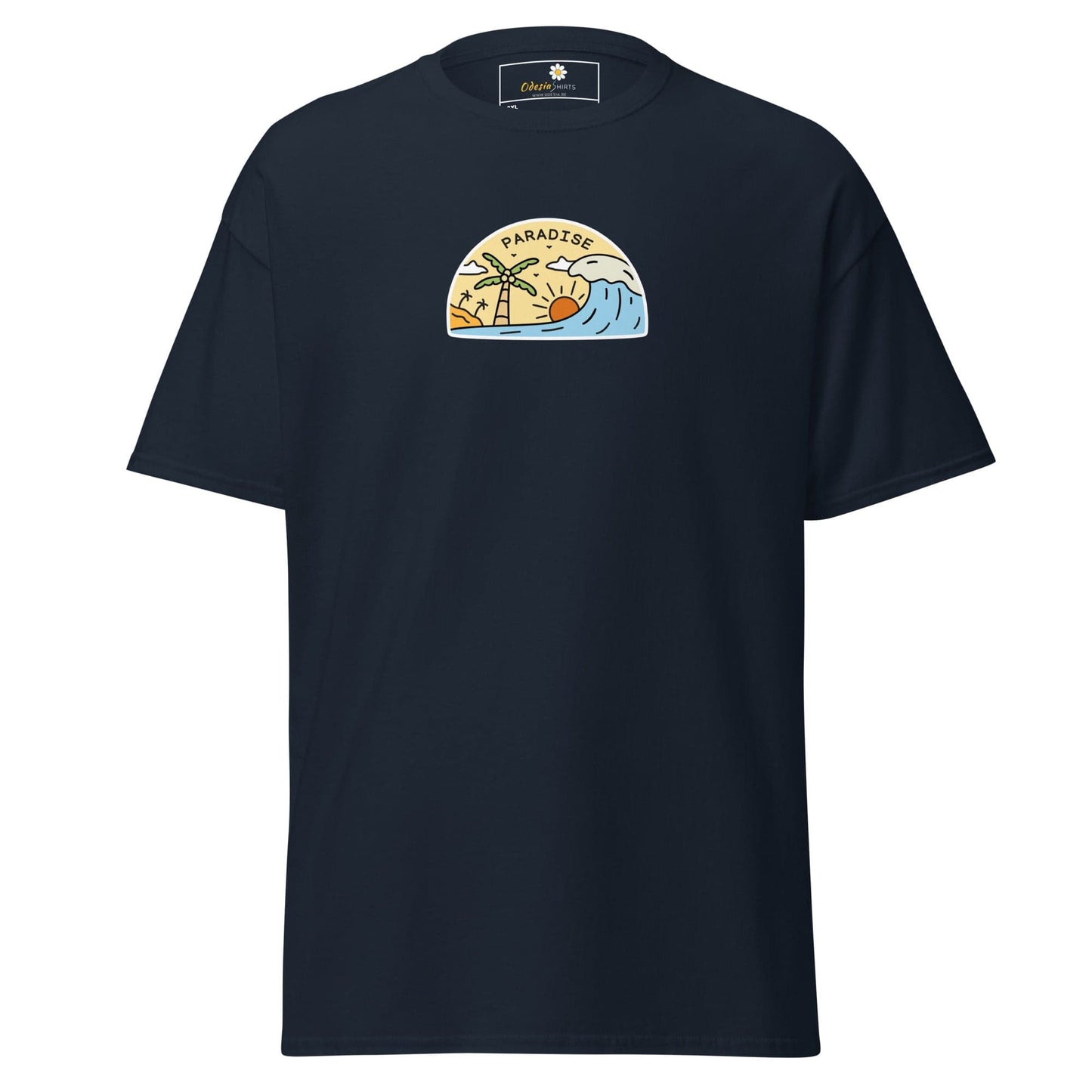 Navy blue t-shirt with a beach scene.