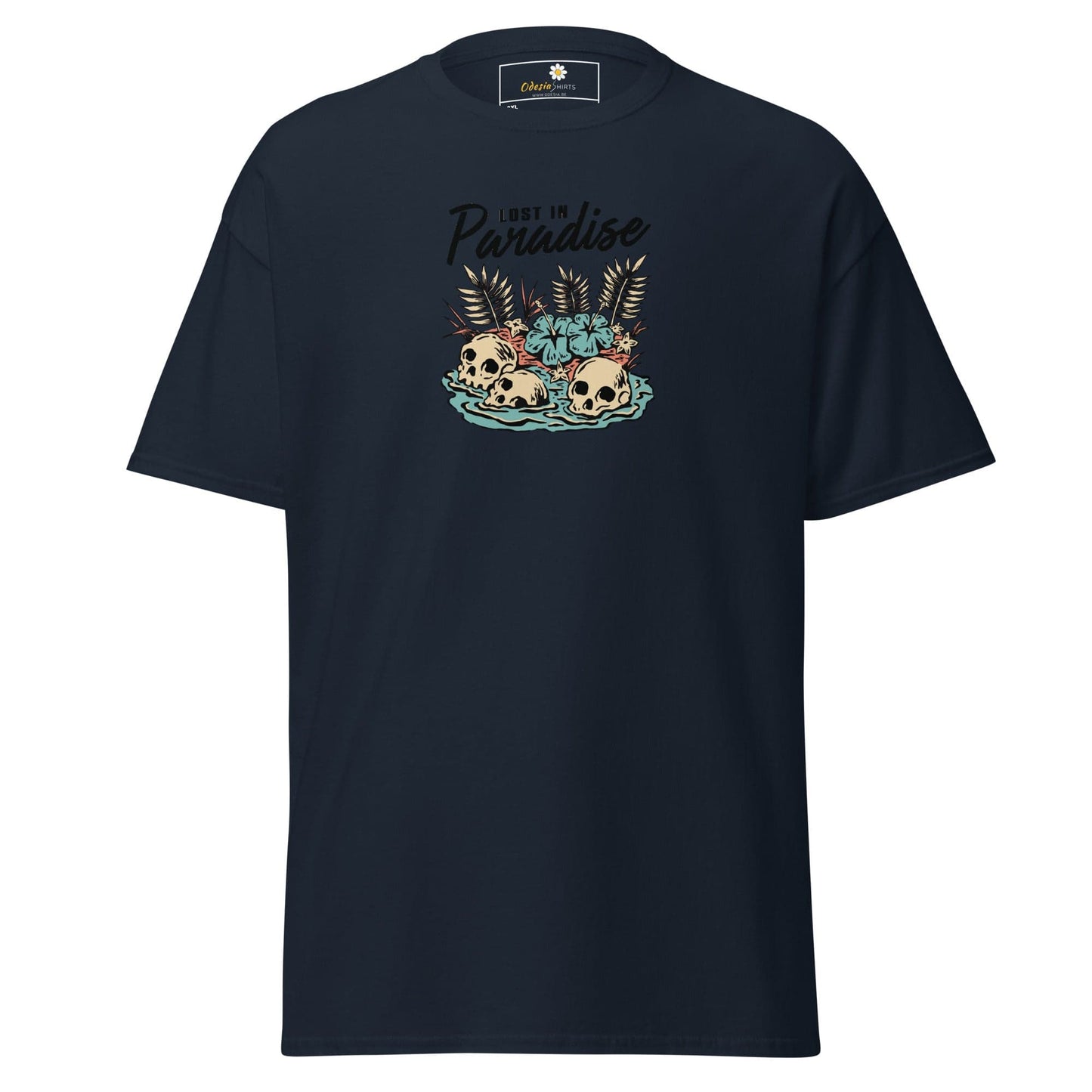 Navy blue T-shirt with skull graphic for men and women in sizes 2XL to 5XL