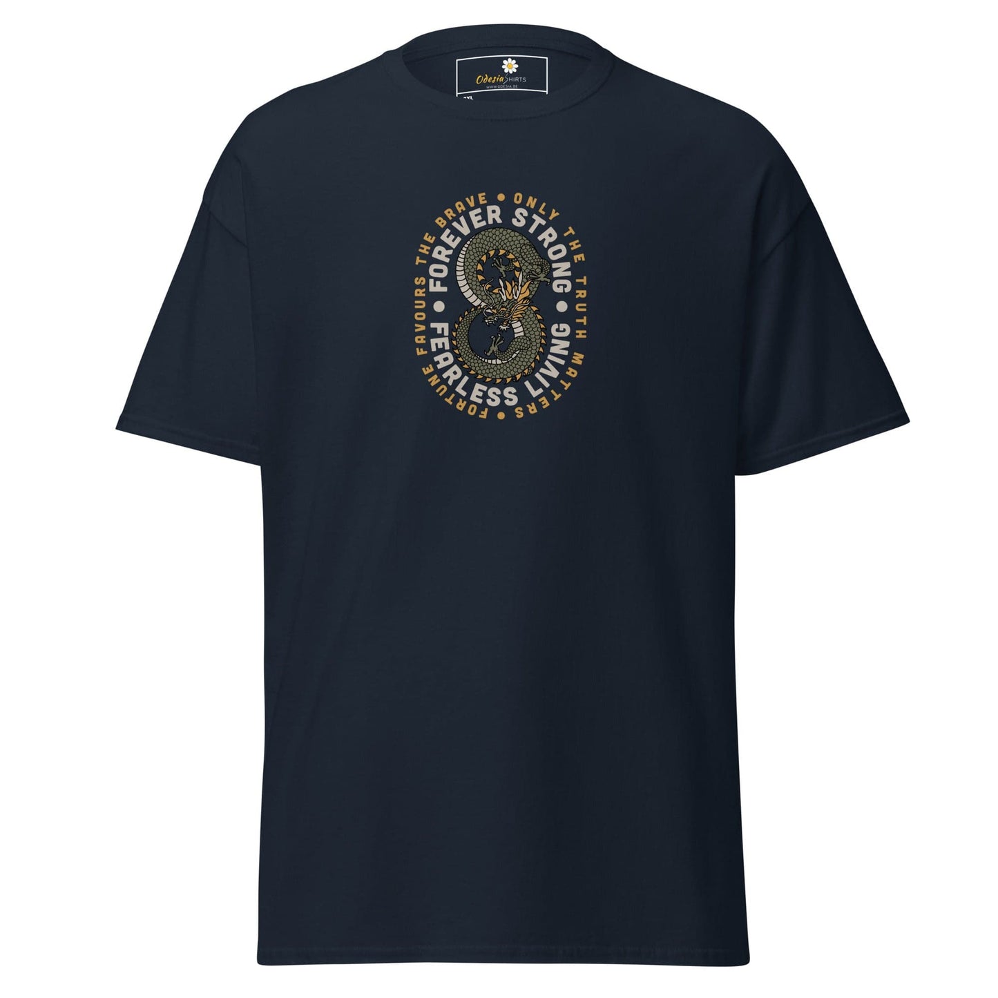 Navy blue t-shirt with dragon graphic.