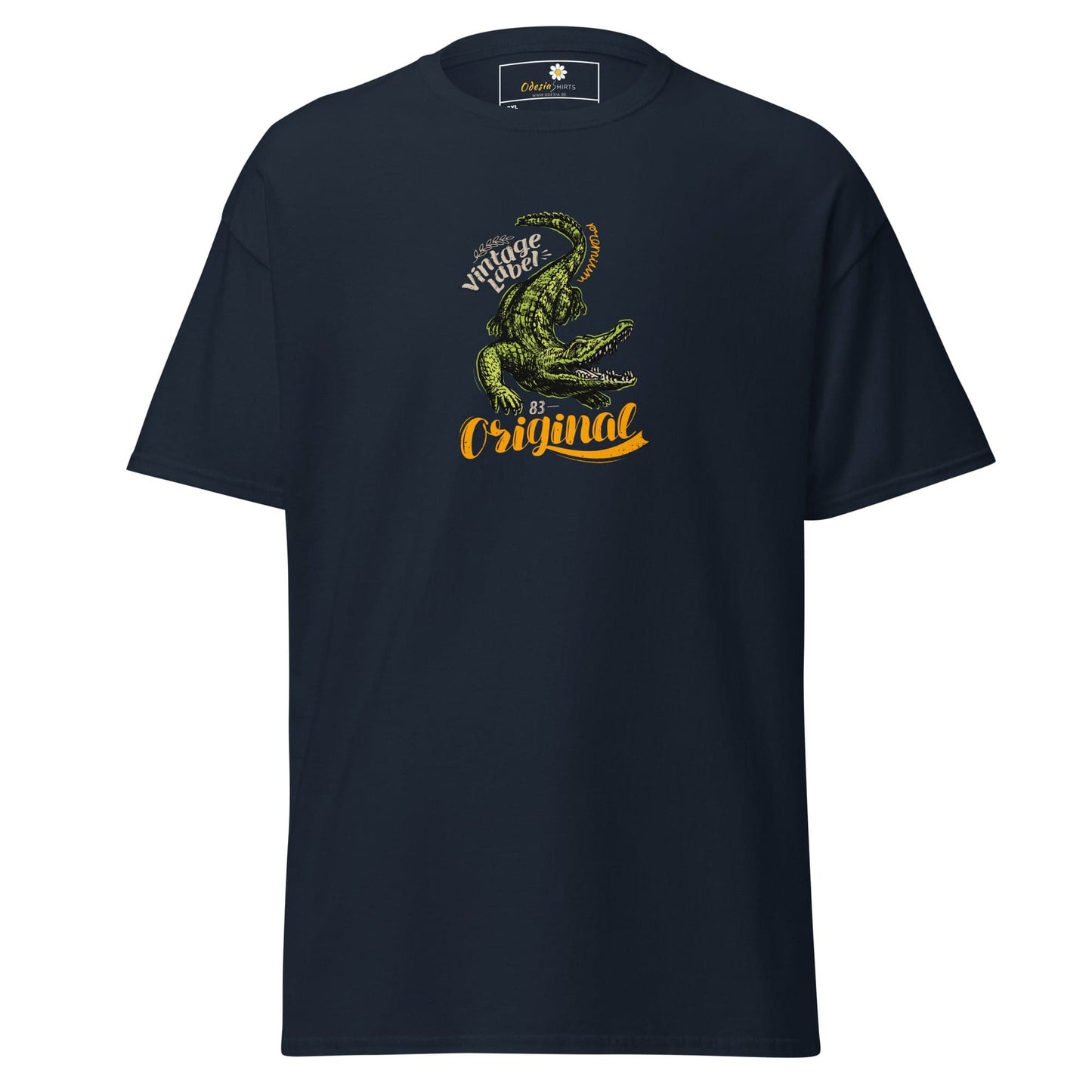 Navy blue t-shirt with crocodile graphic.
