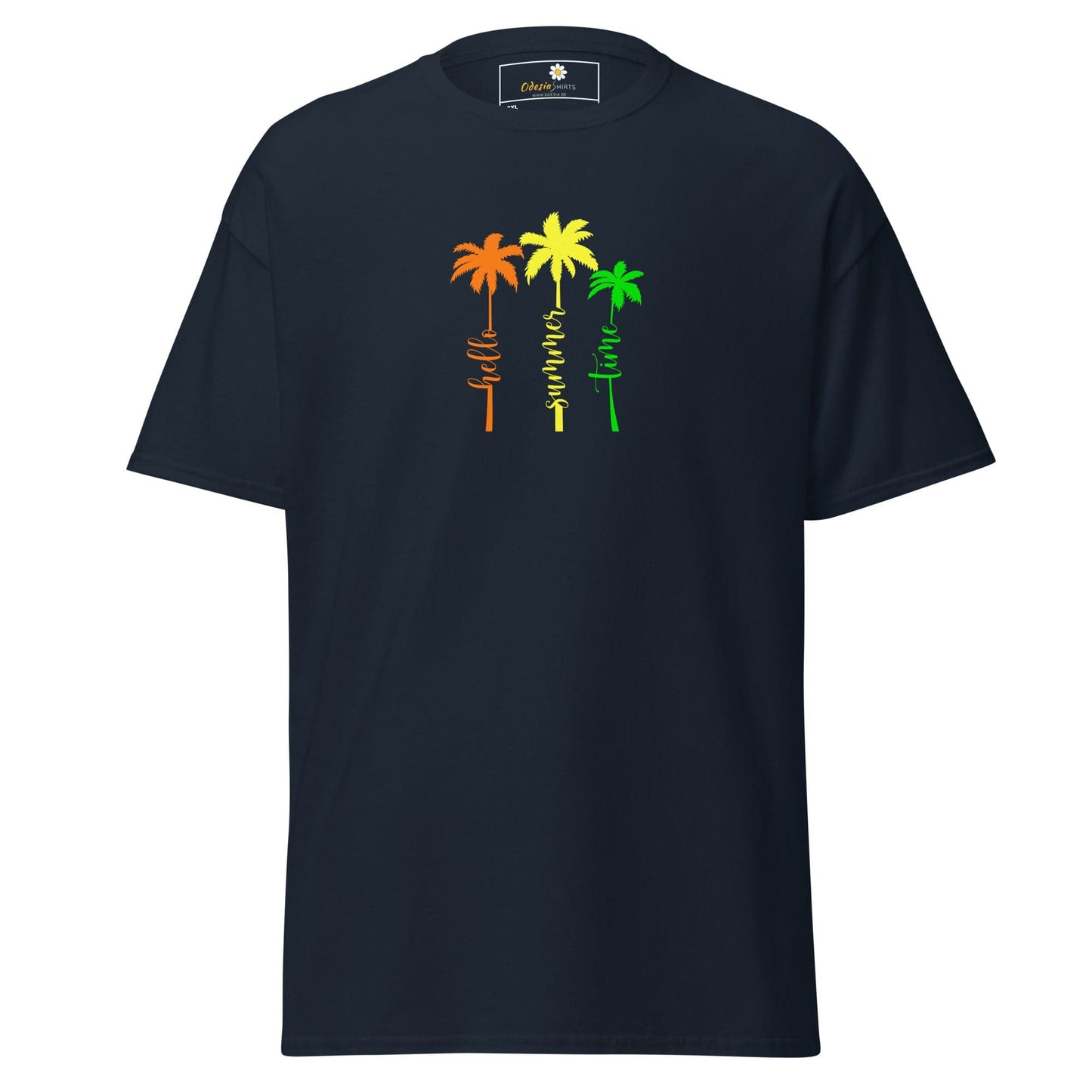 Navy blue t-shirt with colorful palm tree design.
