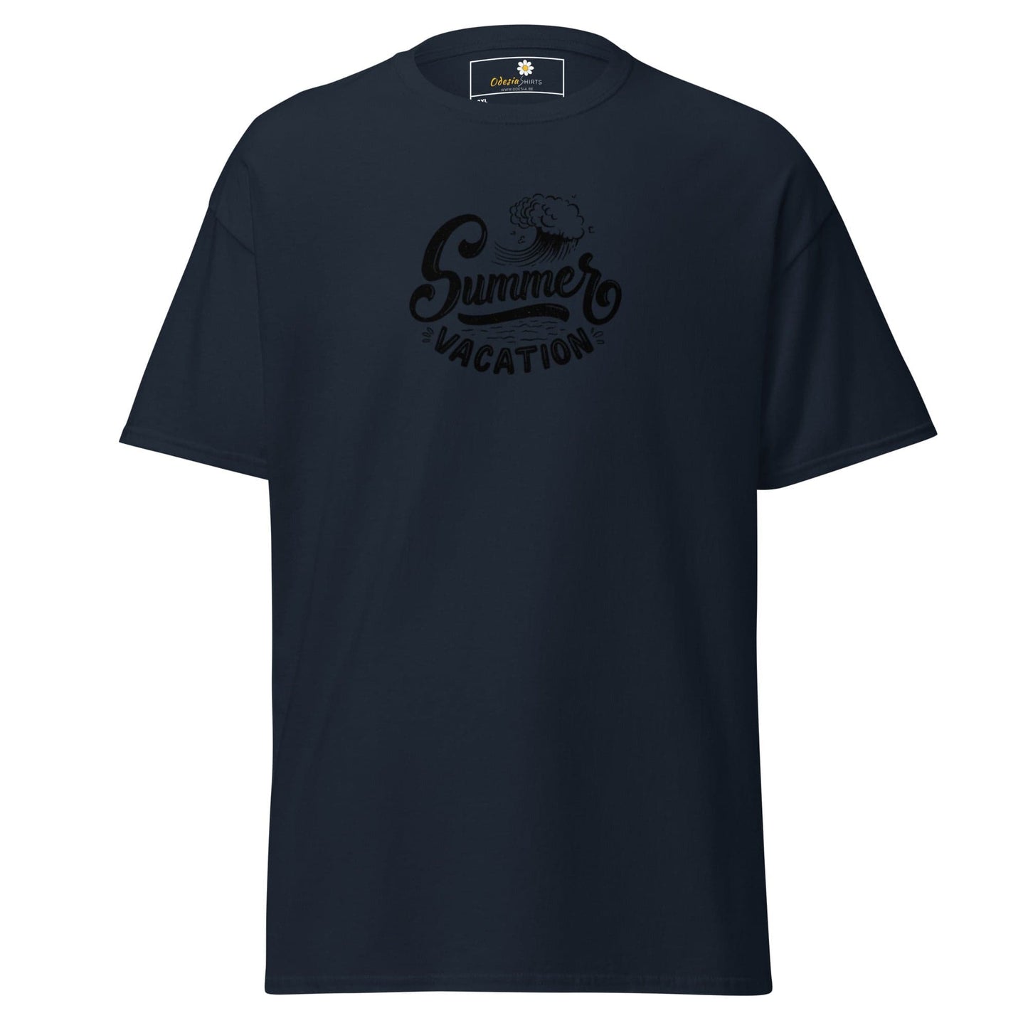 Navy T-shirt with Summer Vacation graphic, available in Men and Women sizes 2XL to 5XL