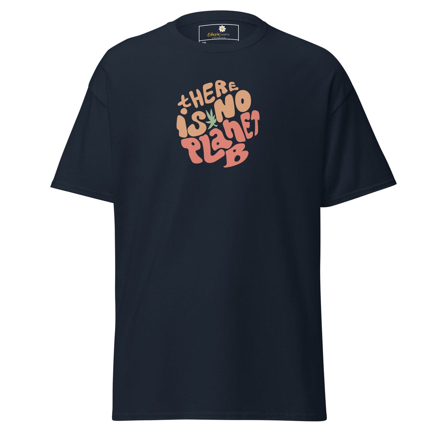Dark blue t-shirt with ’There is no planet B’ graphic.