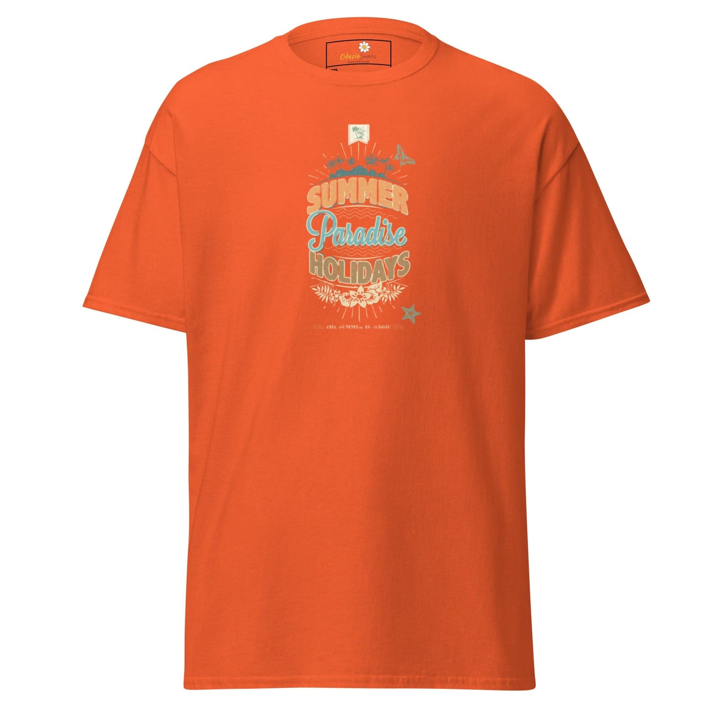 Orange t-shirt with ’Summer Paradise Holidays’ graphic.