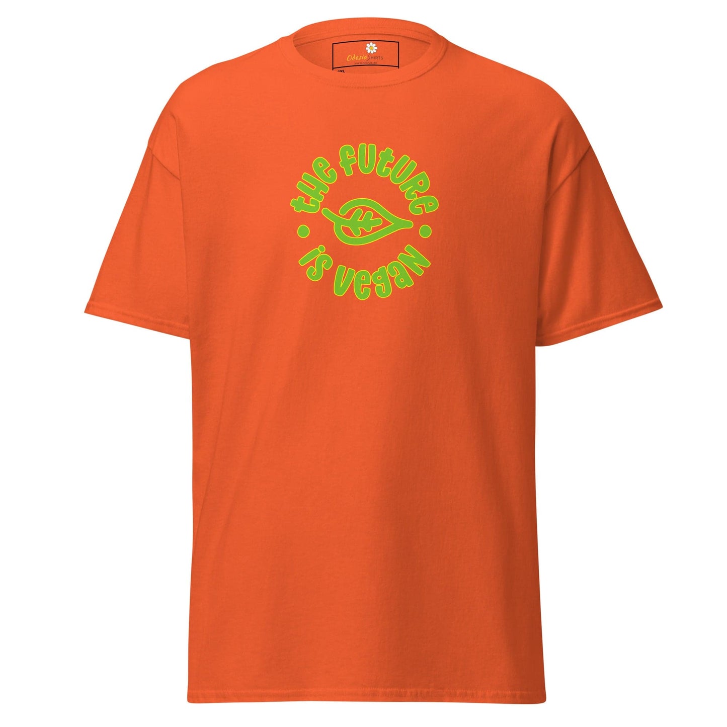 Orange t-shirt with vegan message.