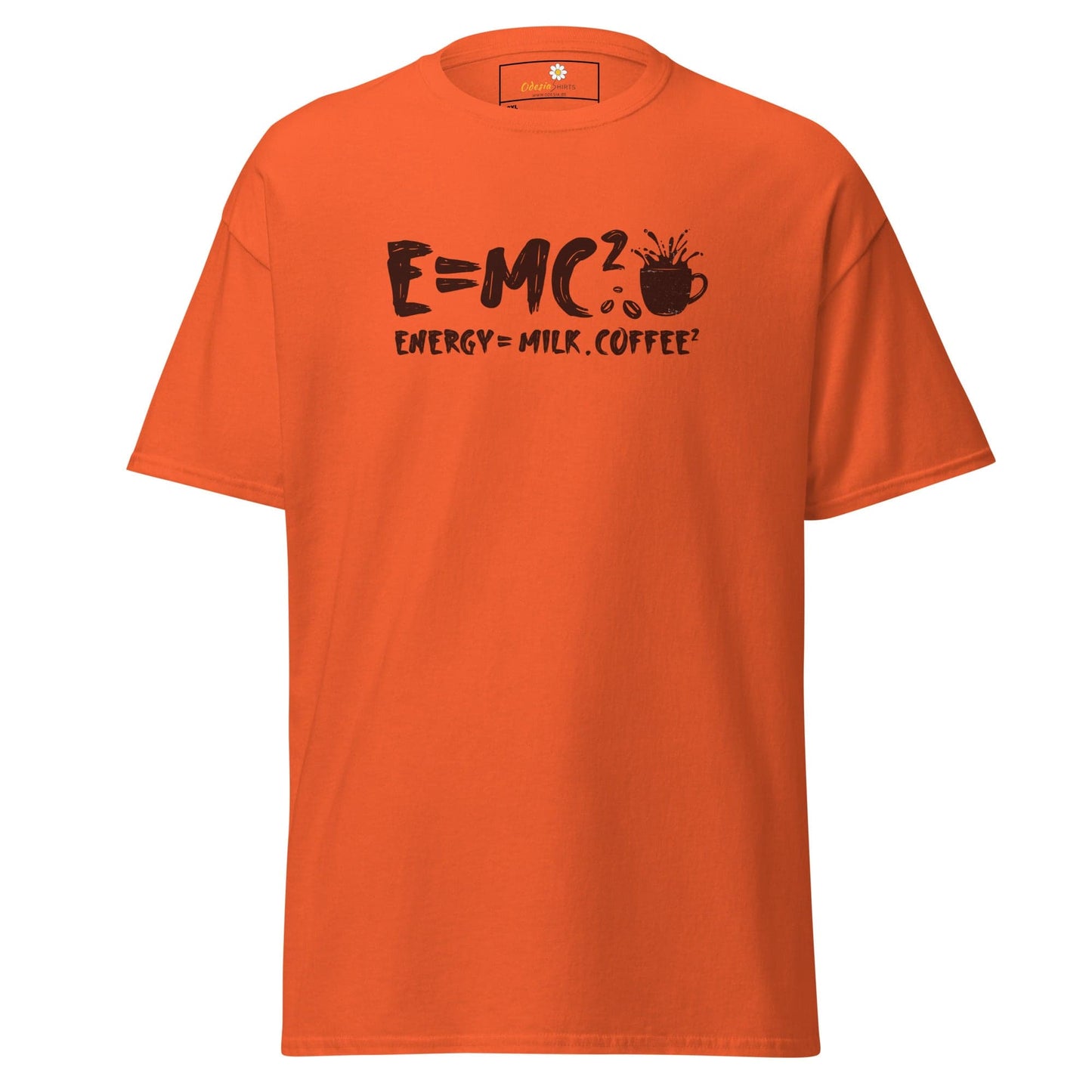 Orange t-shirt with a coffee joke.