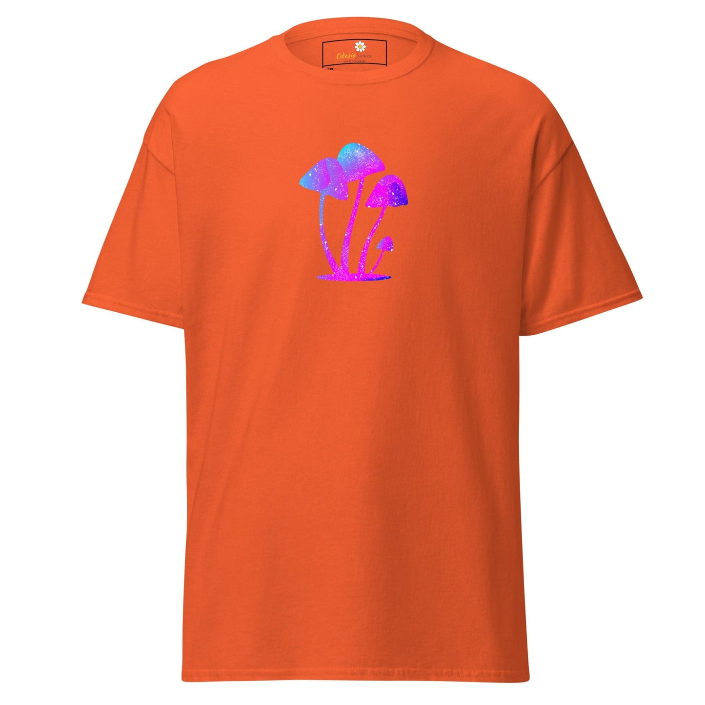 Orange t-shirt with mushroom design.