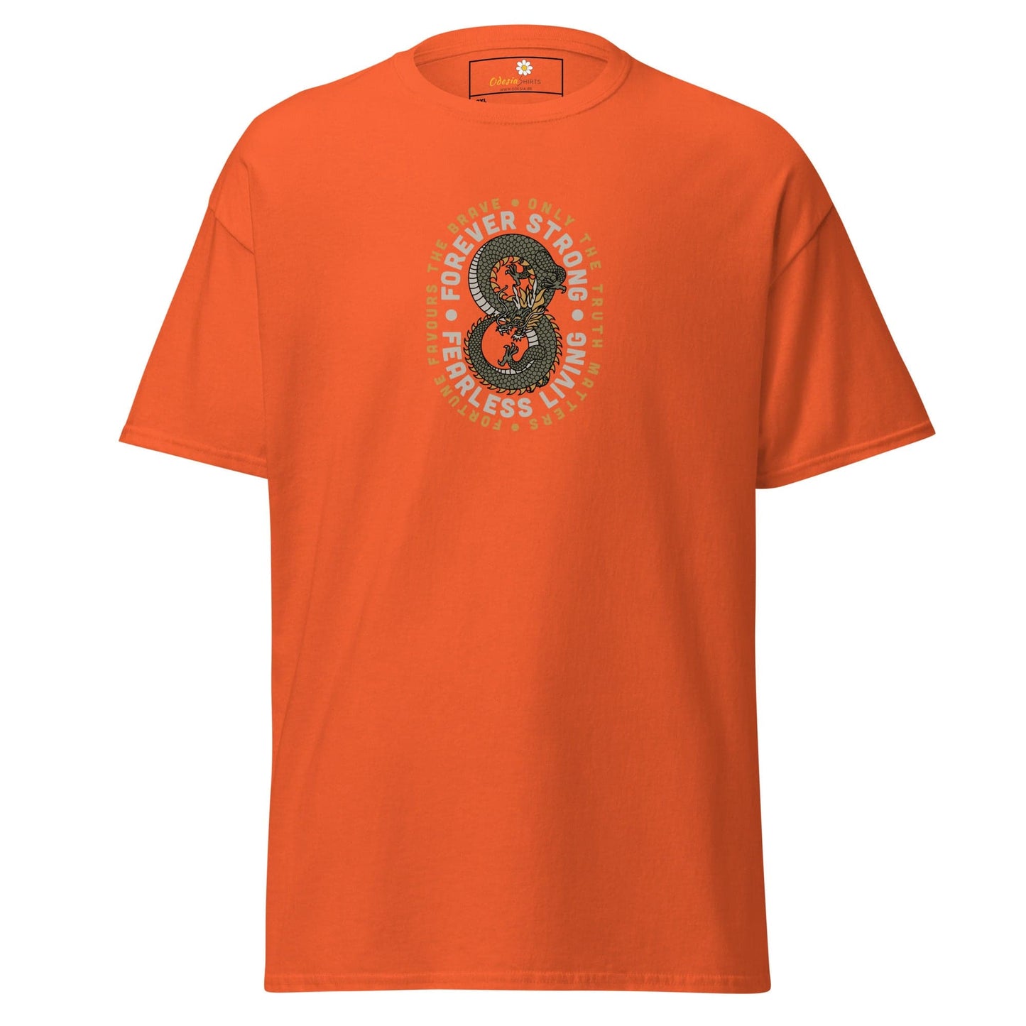 Orange t-shirt with snake graphic.