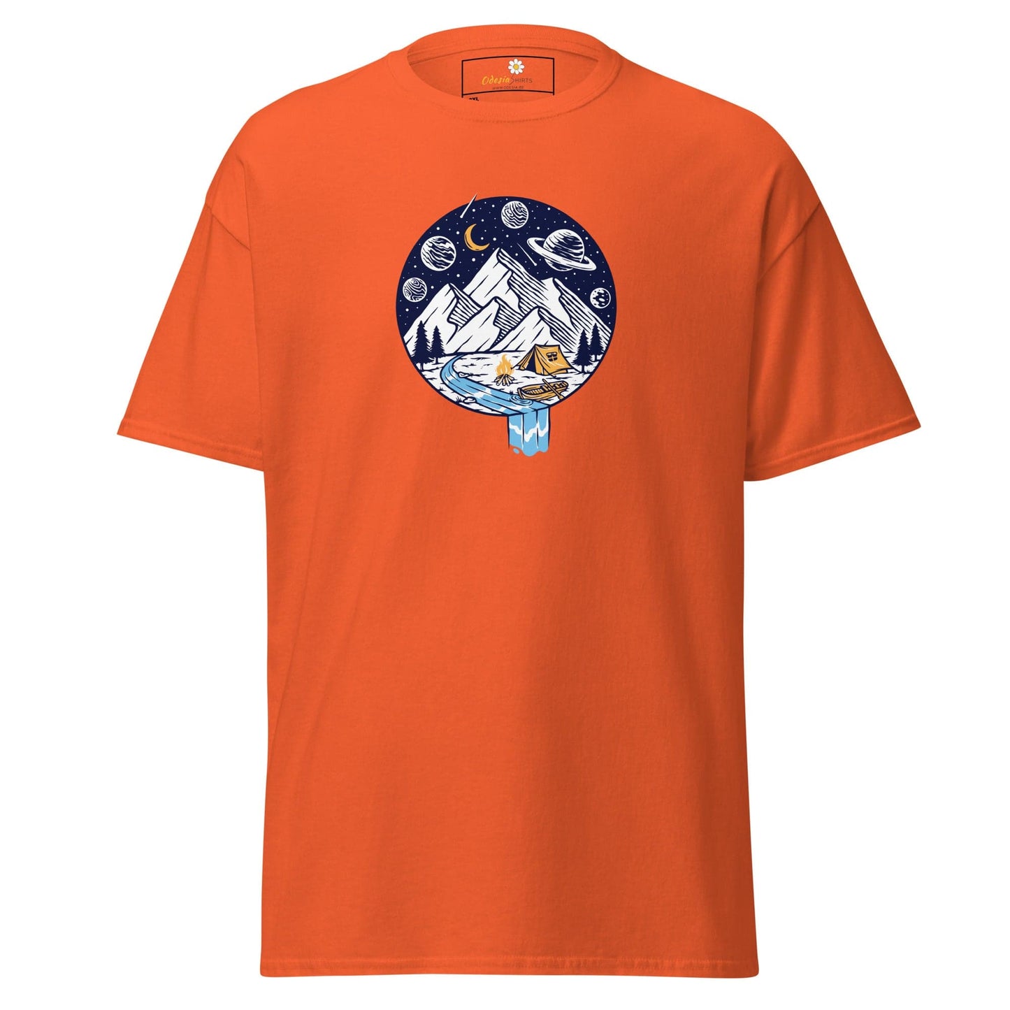 Orange t-shirt with camping graphic.