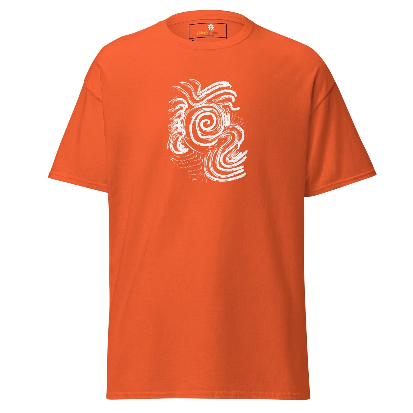 Orange T-shirt with white swirl design from T-SHIRT DESIGN TEE for Men and Women