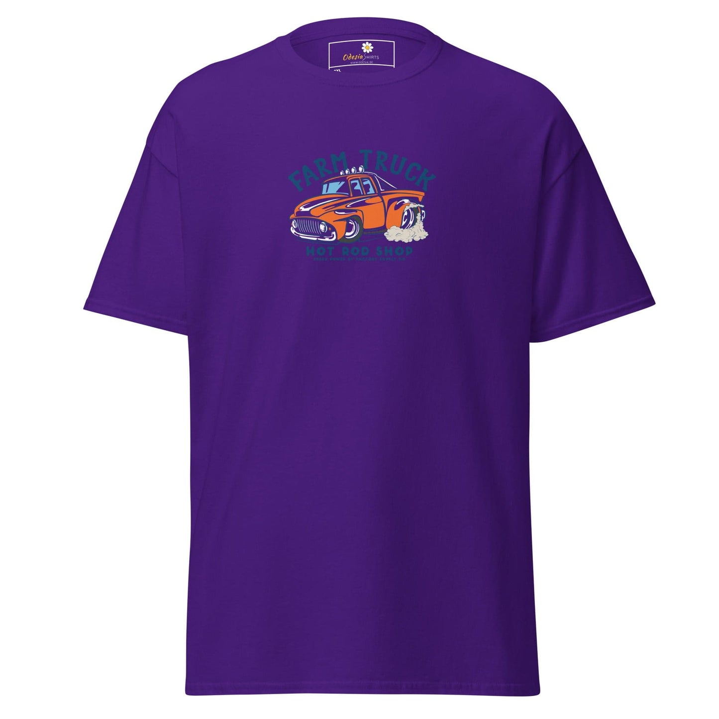 Purple t-shirt with car graphic.
